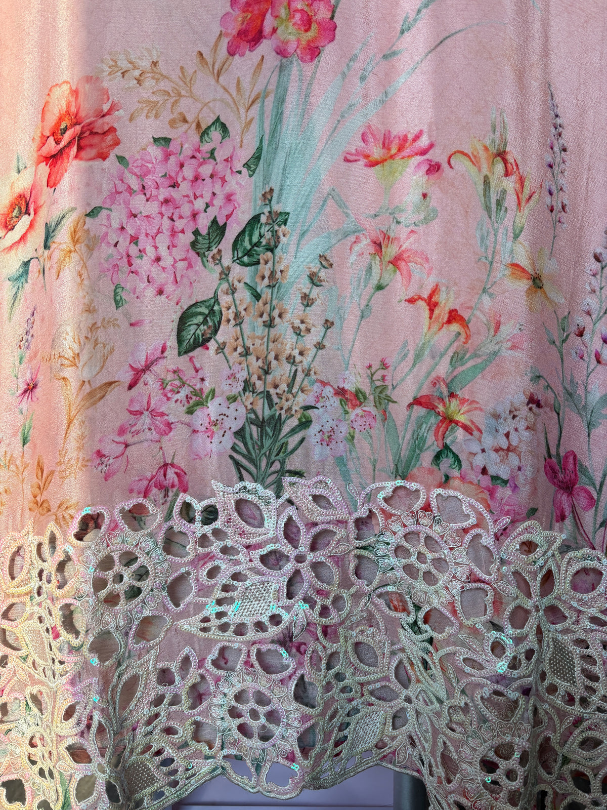 Women's Chinon Fabric Unstitched Suit | Botanical Floral Digital Print Front & Back With Sequin Floral Cutwork Neck, Ghera and Sleeves Paired With Matching Chinon Embroidered Dupatta