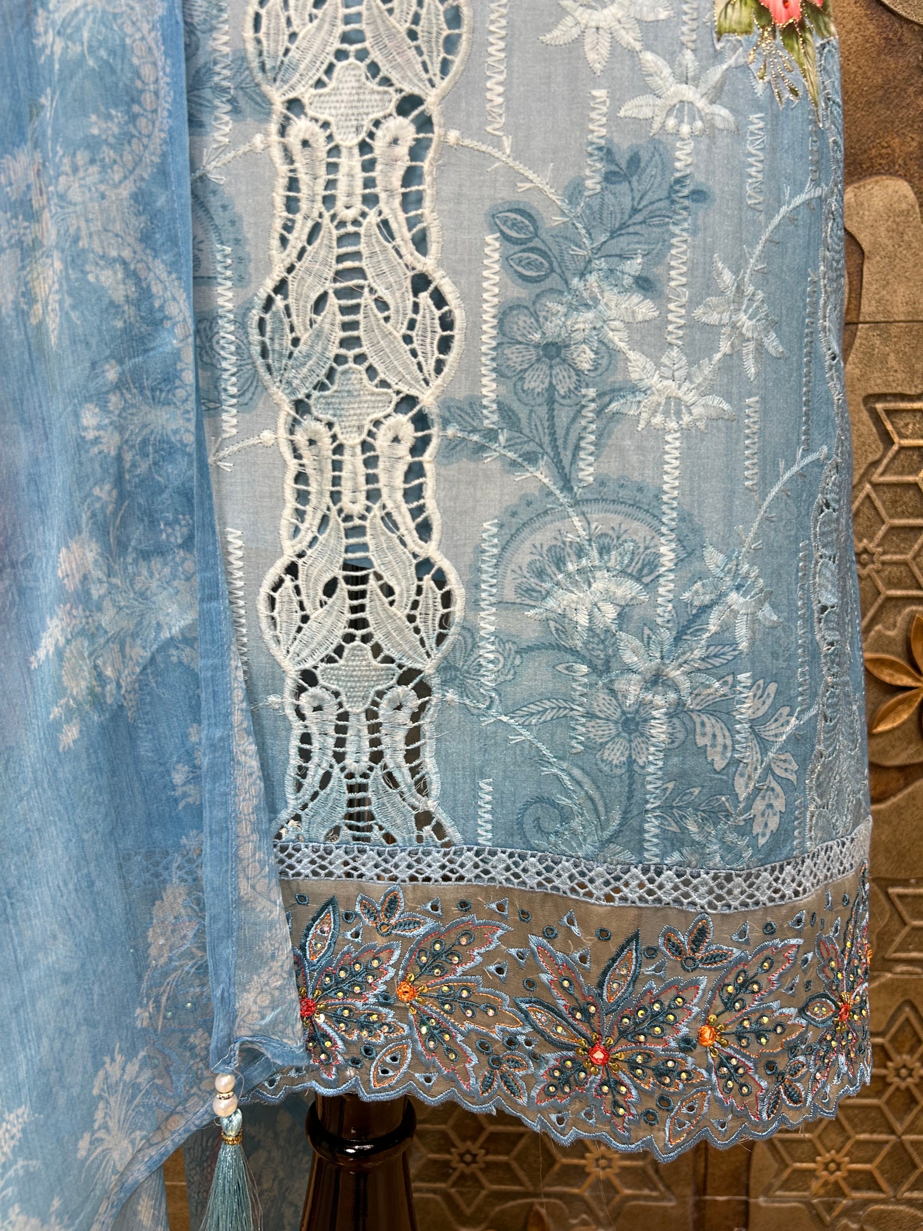 Pakistani Style Cambric Unstitched Suit | Digital Print Front & Back | Thread Embroidery And Boring Work | Lacework on Sleeves & Ghera | Digital Print Chiffon Dupatta | Ethnic Wear for Women