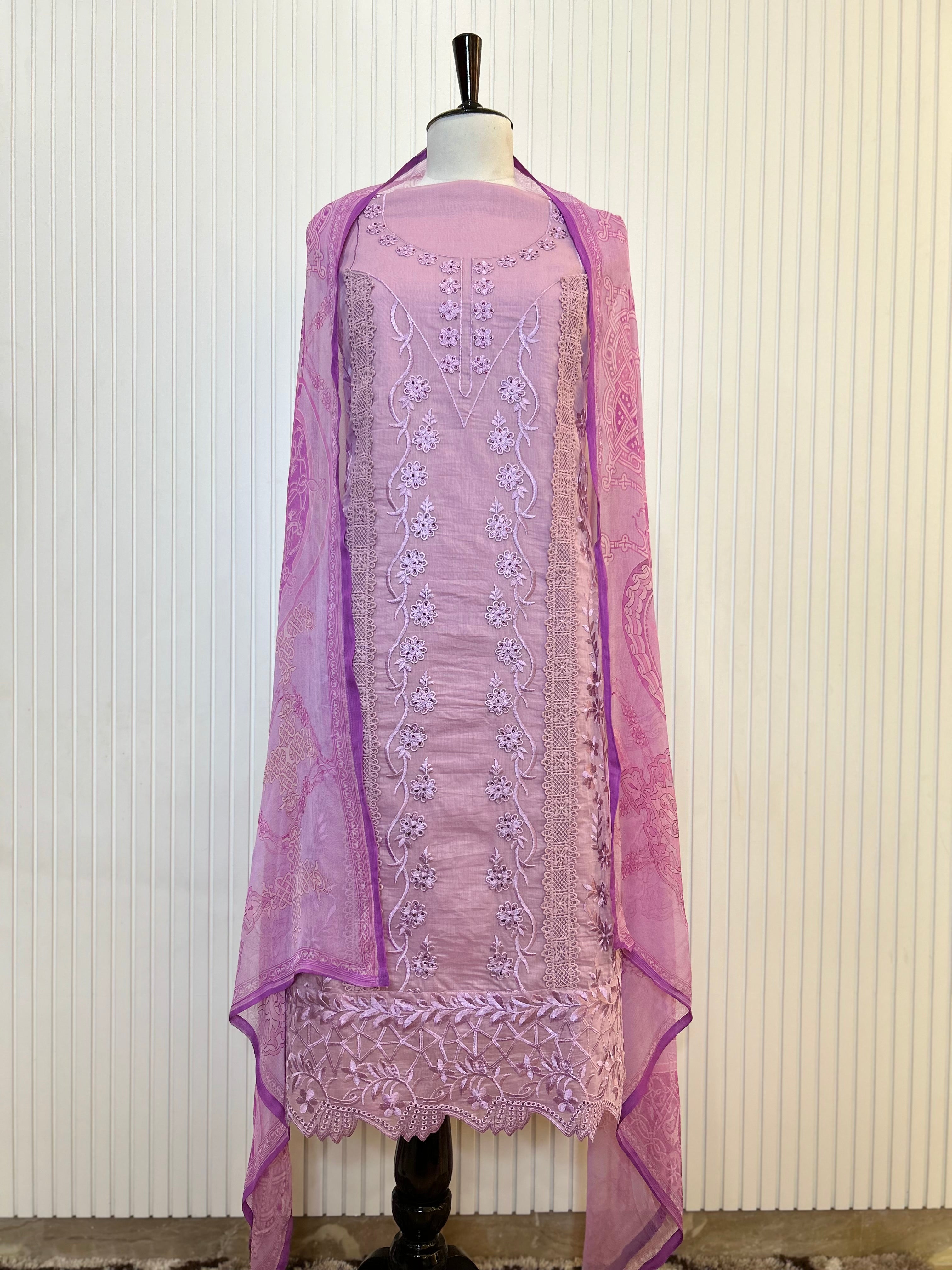 Muslin Cotton Unstitched Suit | All-Over Thread Floral Embroidery with Cutwork Scallop Ghera & Lace Panel Border | Pure Chiffon Digital Print Dupatta