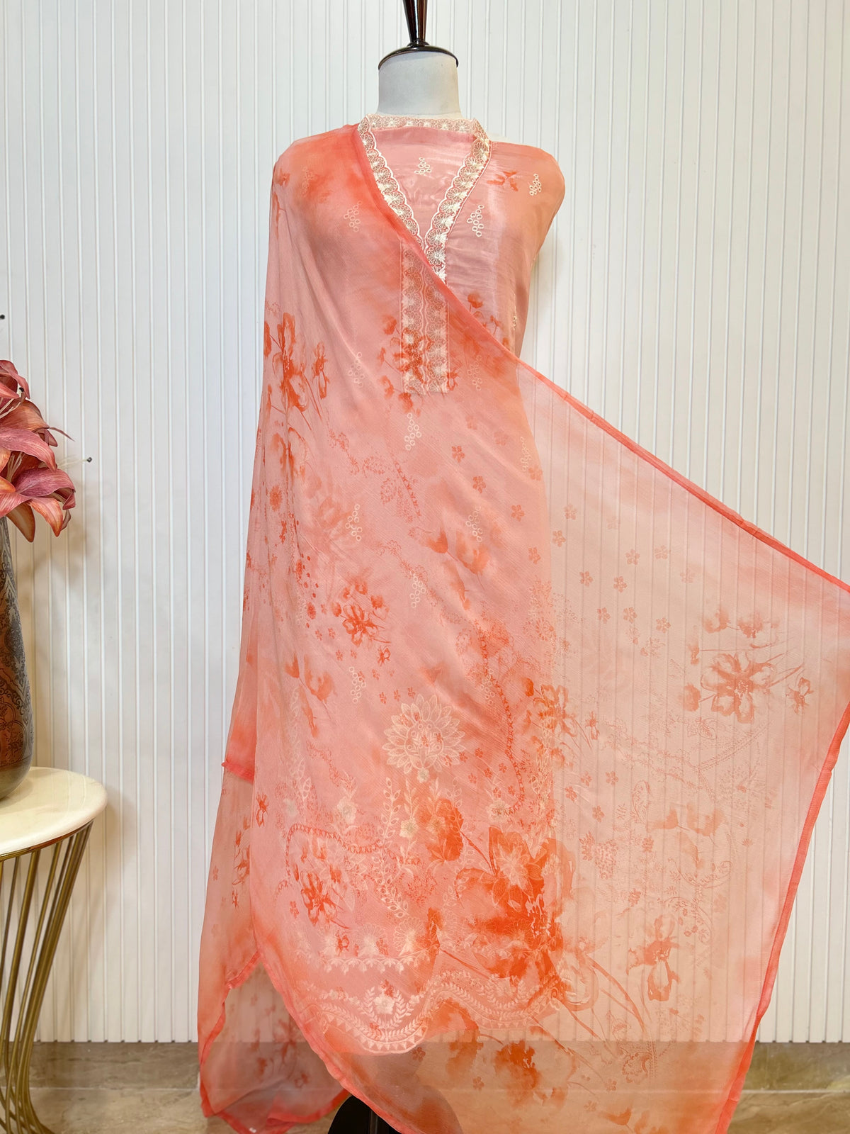 Glass Organza Embroidered Unstitched Suit With Chemical Print Front & Back Paired With Chinon Digital Print Dupatta
