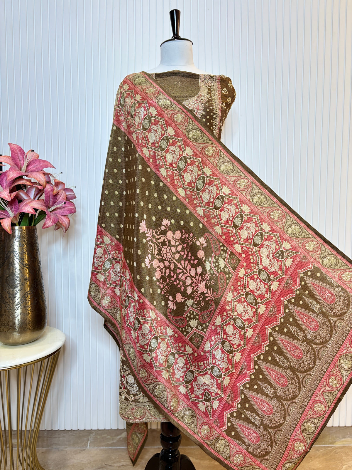 Shimmer Front & Back Printed Unstitched Suit with Dori Embroidery & Beads Work Paired with Digital Print Shimmer Dupatta