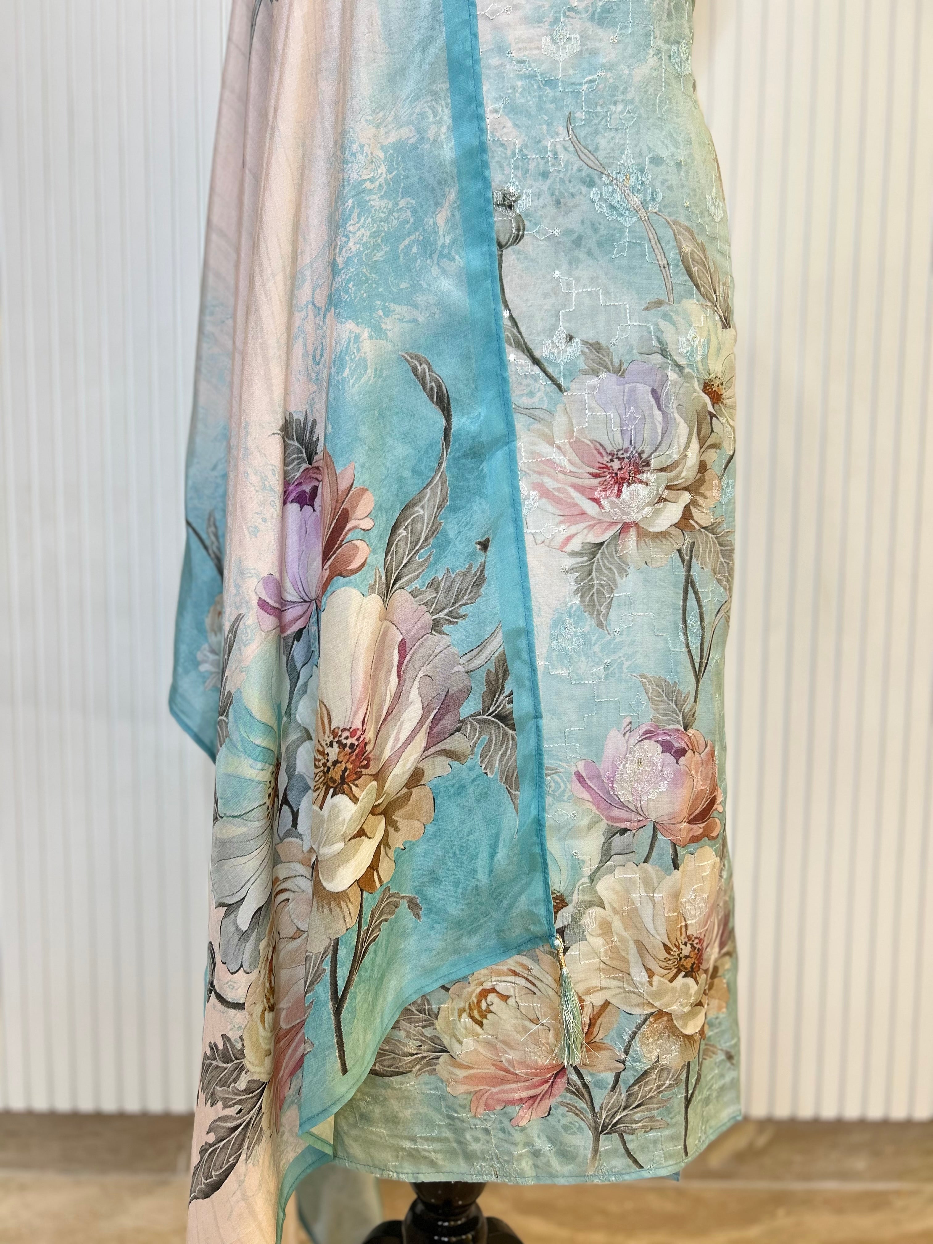 Muslin Cotton Digital Print Unstitched Suit Set with Embroidery Jaal And Floral Printed Dupatta | Premium Suit Material For Women