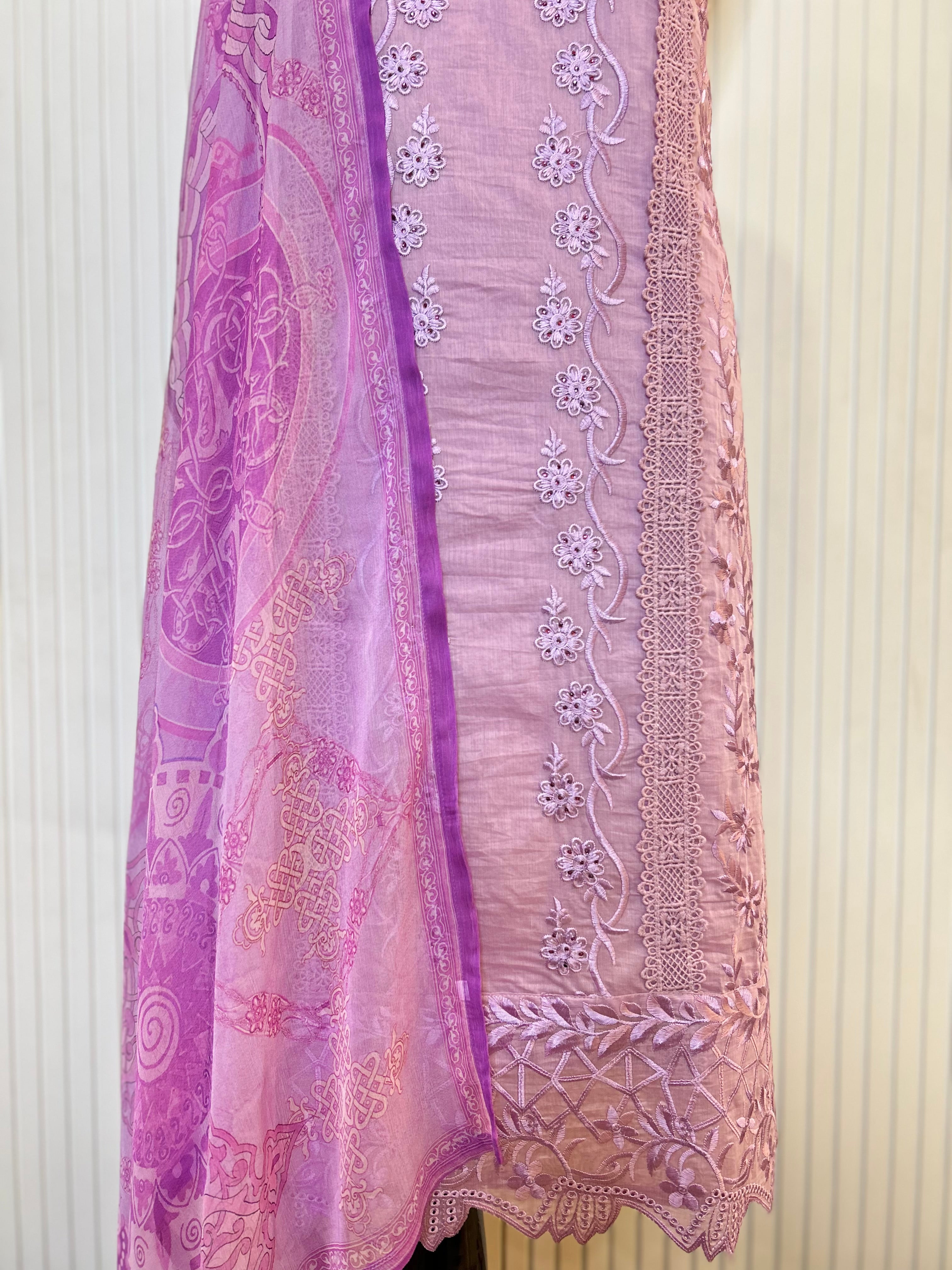 Muslin Cotton Unstitched Suit | All-Over Thread Floral Embroidery with Cutwork Scallop Ghera & Lace Panel Border | Pure Chiffon Digital Print Dupatta