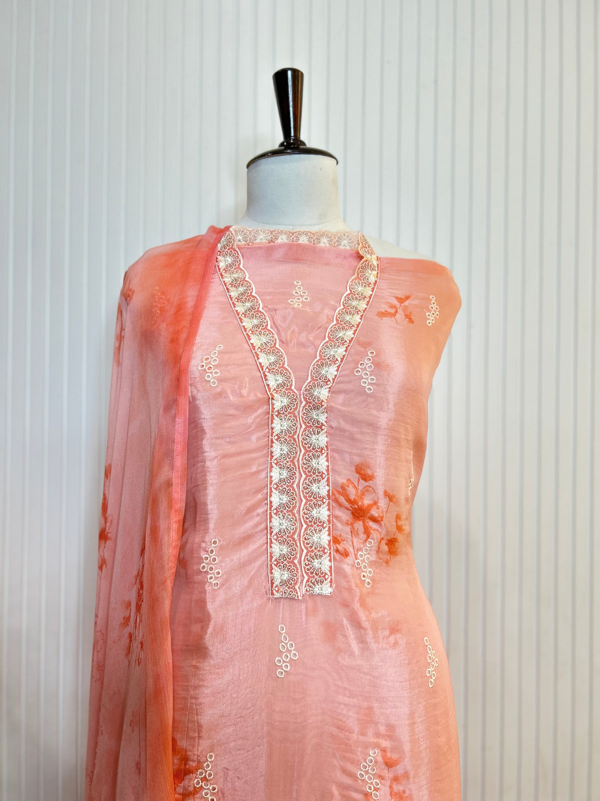 Glass Organza Embroidered Unstitched Suit With Chemical Print Front & Back Paired With Chinon Digital Print Dupatta
