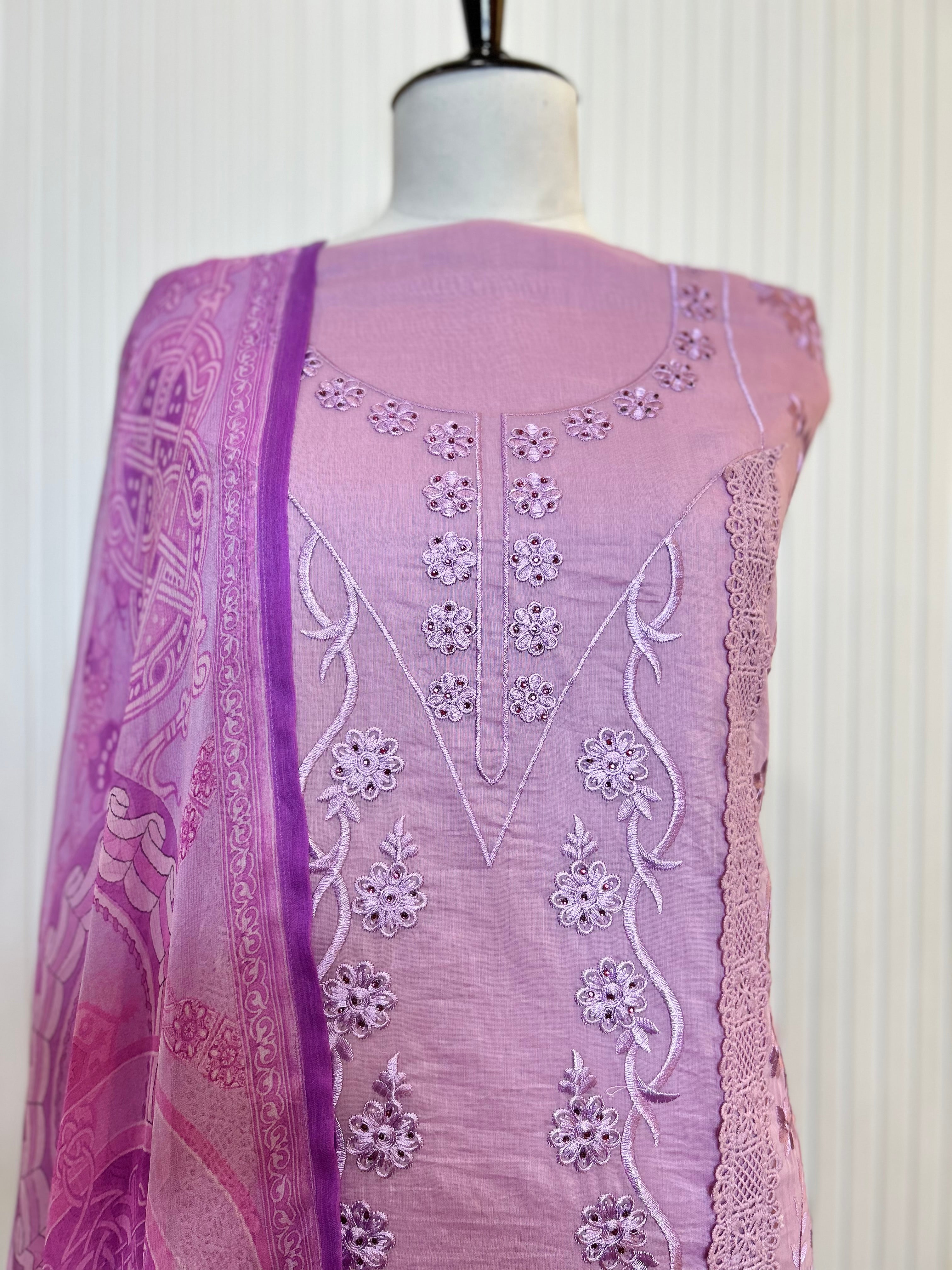 Muslin Cotton Unstitched Suit | All-Over Thread Floral Embroidery with Cutwork Scallop Ghera & Lace Panel Border | Pure Chiffon Digital Print Dupatta