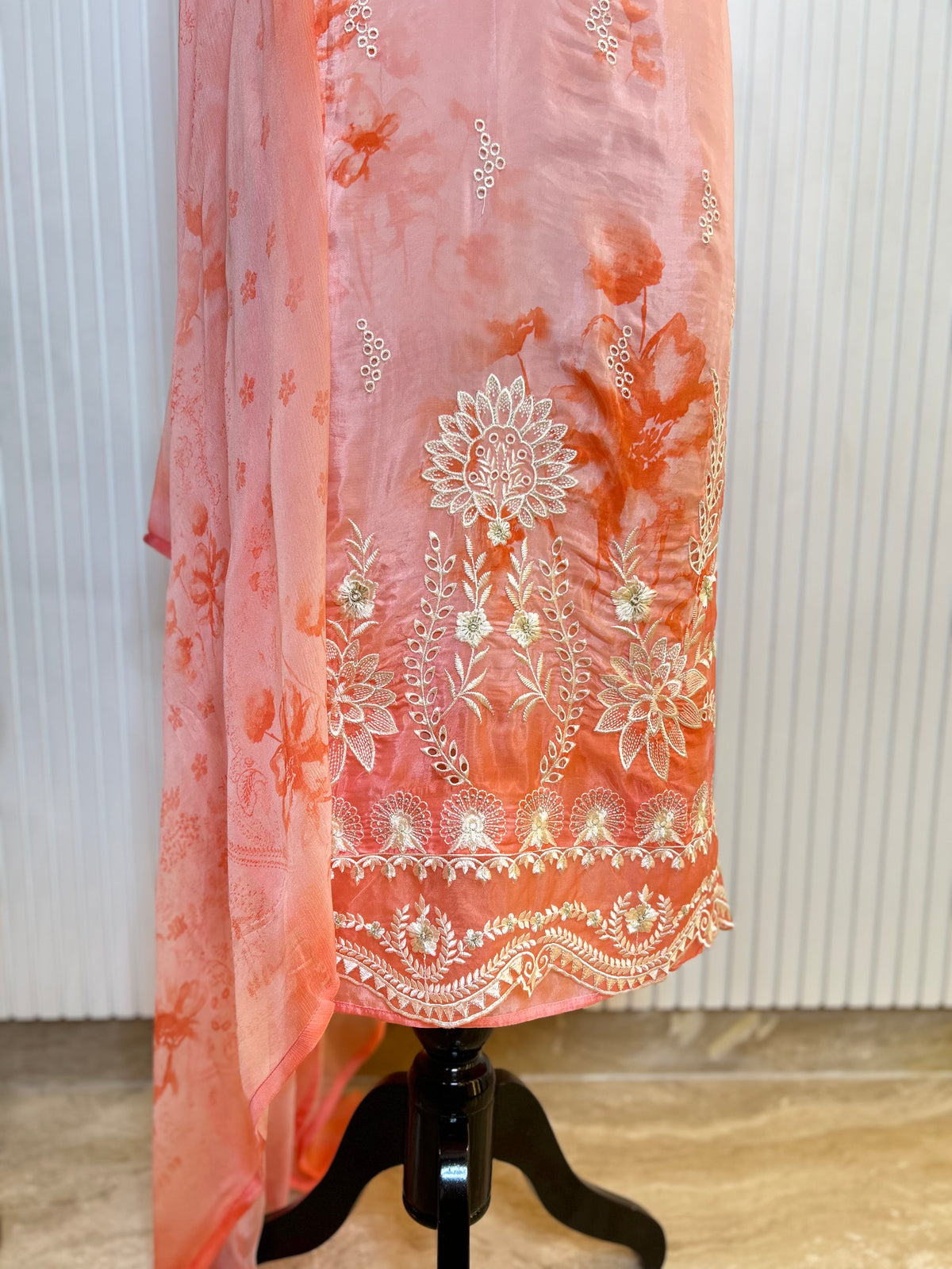 Glass Organza Embroidered Unstitched Suit With Chemical Print Front & Back Paired With Chinon Digital Print Dupatta