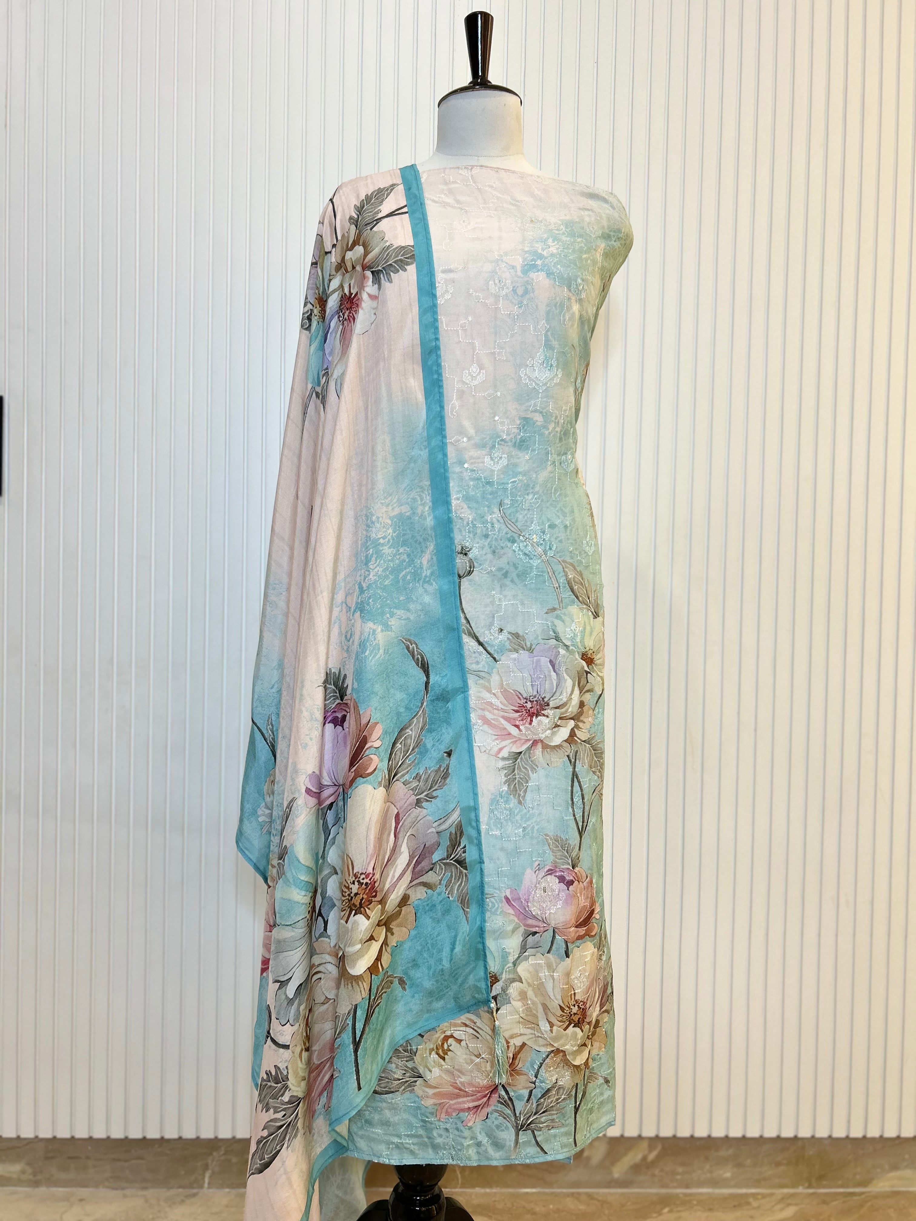 Muslin Cotton Digital Print Unstitched Suit Set with Embroidery Jaal And Floral Printed Dupatta | Premium Suit Material For Women