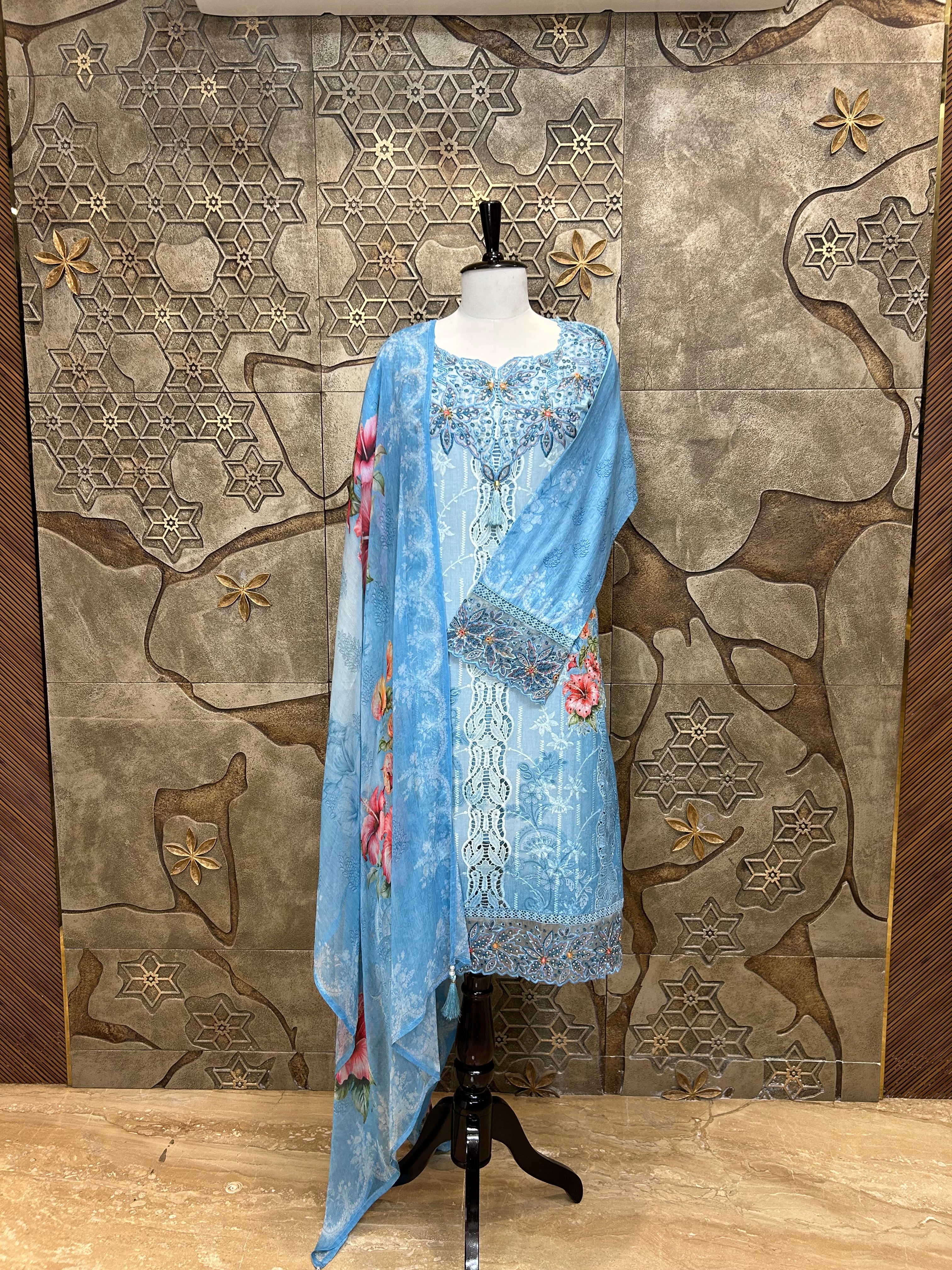 Pakistani Style Cambric Unstitched Suit | Digital Print Front & Back | Thread Embroidery And Boring Work | Lacework on Sleeves & Ghera | Digital Print Chiffon Dupatta | Ethnic Wear for Women
