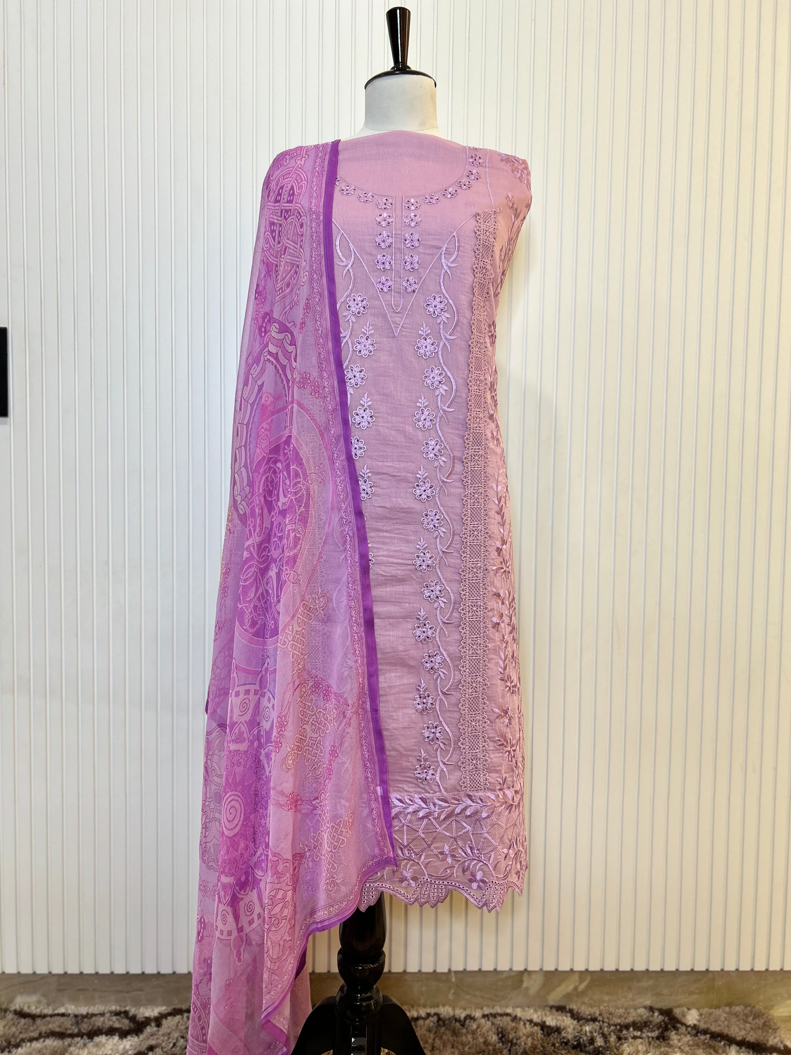 Muslin Cotton Unstitched Suit | All-Over Thread Floral Embroidery with Cutwork Scallop Ghera & Lace Panel Border | Pure Chiffon Digital Print Dupatta