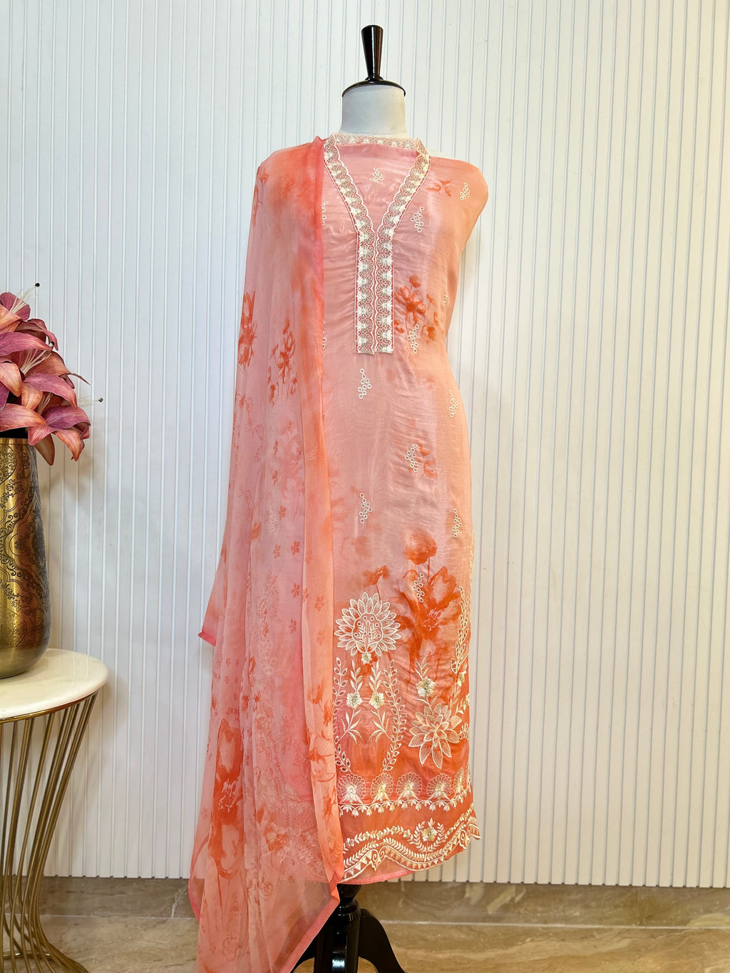 Glass Organza Embroidered Unstitched Suit With Chemical Print Front & Back Paired With Chinon Digital Print Dupatta