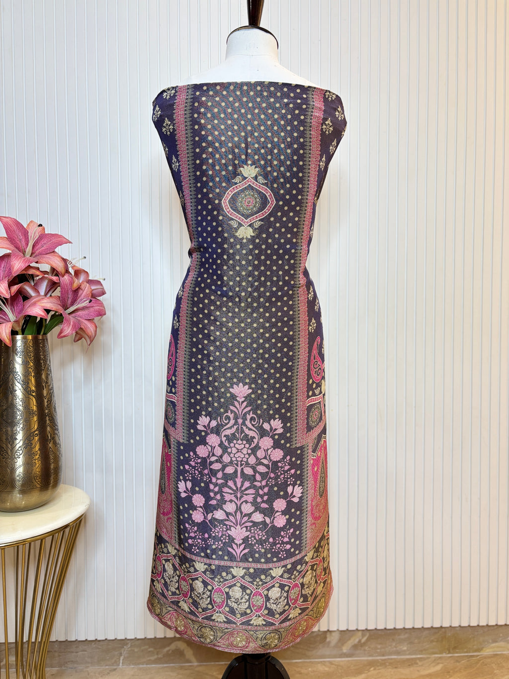 Shimmer Front & Back Printed Unstitched Suit with Dori Embroidery & Beads Work Paired with Digital Print Shimmer Dupatta