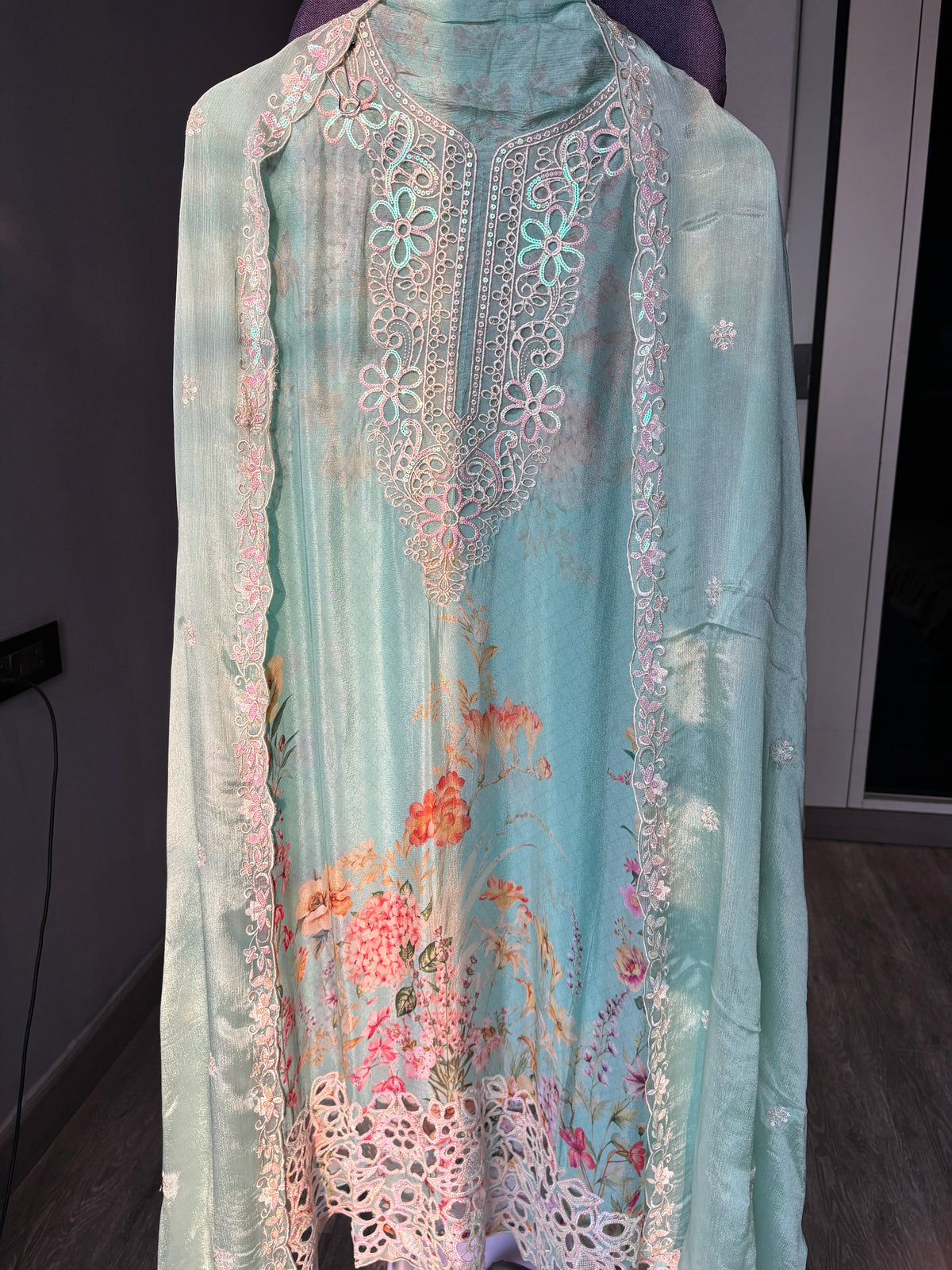 Women's Chinon Fabric Unstitched Suit | Botanical Floral Digital Print Front & Back With Sequin Floral Cutwork Neck, Ghera and Sleeves Paired With Matching Chinon Embroidered Dupatta