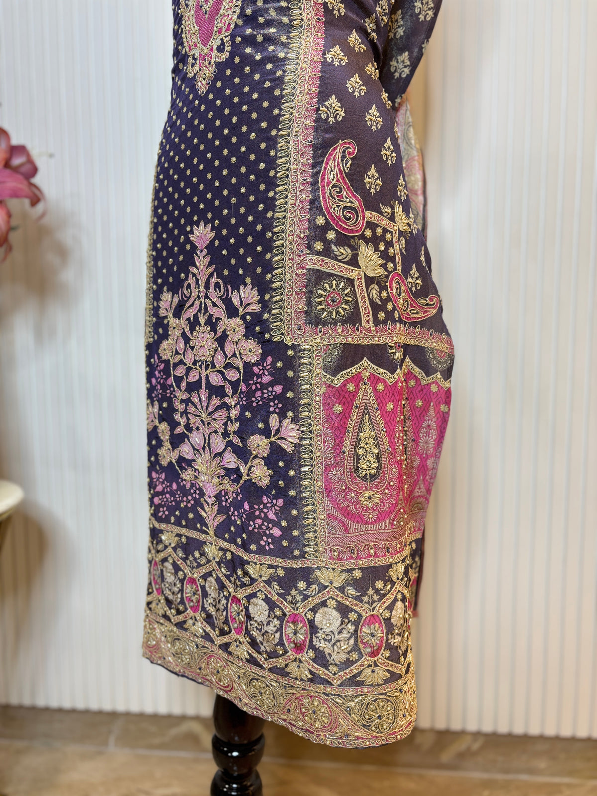 Shimmer Front & Back Printed Unstitched Suit with Dori Embroidery & Beads Work Paired with Digital Print Shimmer Dupatta