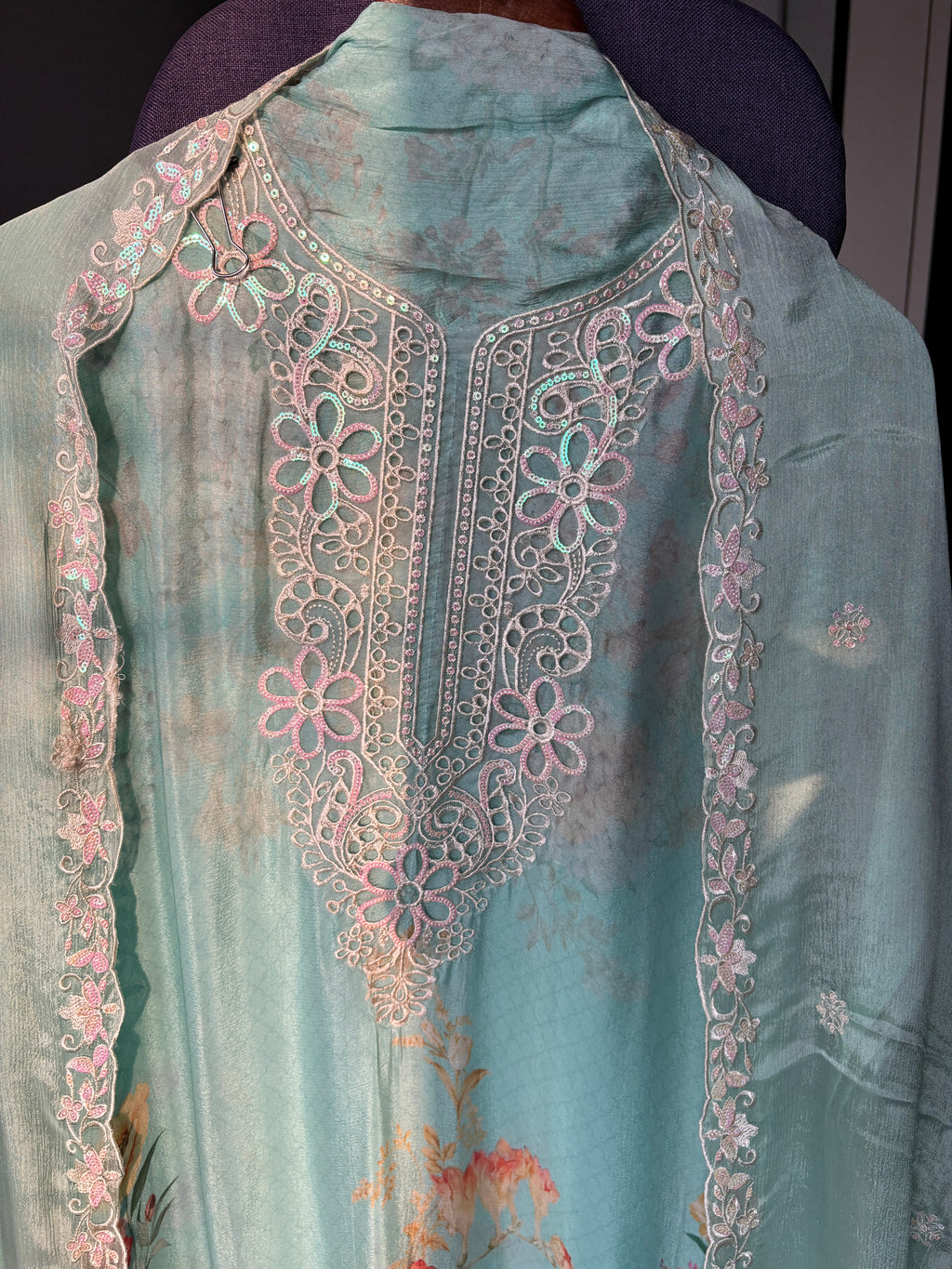 Women's Chinon Fabric Unstitched Suit | Botanical Floral Digital Print Front & Back With Sequin Floral Cutwork Neck, Ghera and Sleeves Paired With Matching Chinon Embroidered Dupatta
