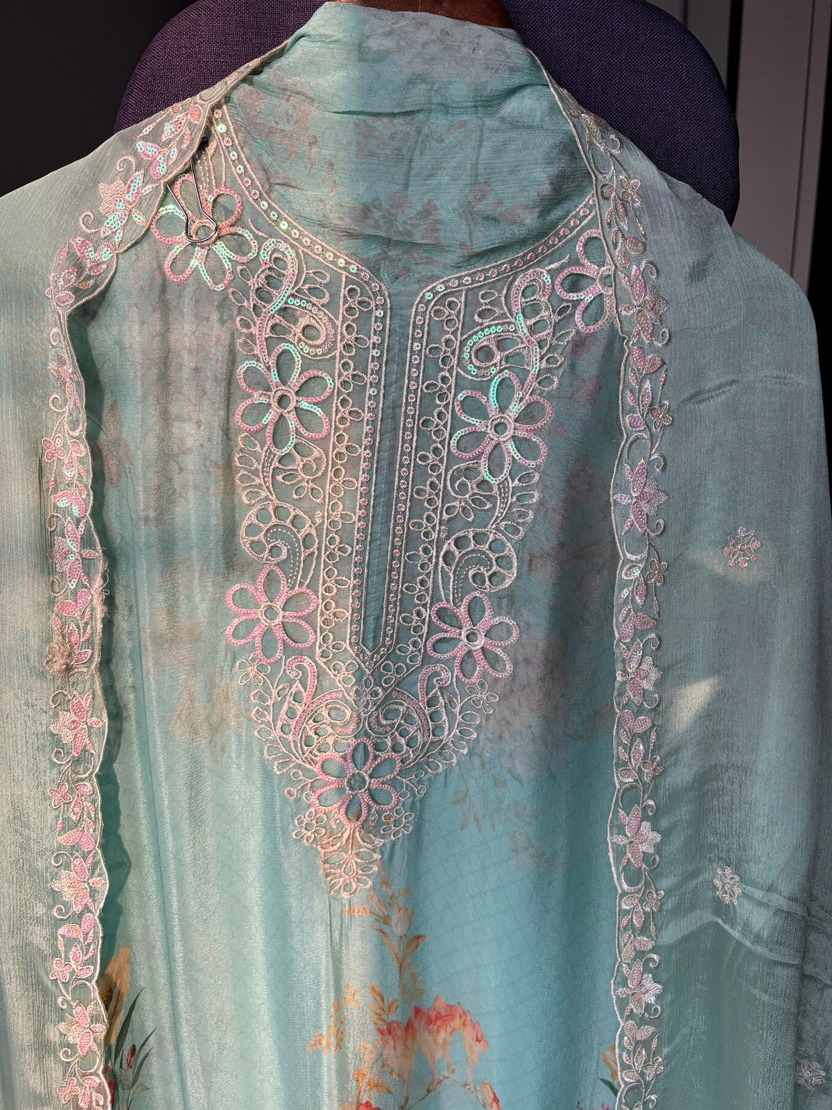 Women's Chinon Fabric Unstitched Suit | Botanical Floral Digital Print Front & Back With Sequin Floral Cutwork Neck, Ghera and Sleeves Paired With Matching Chinon Embroidered Dupatta