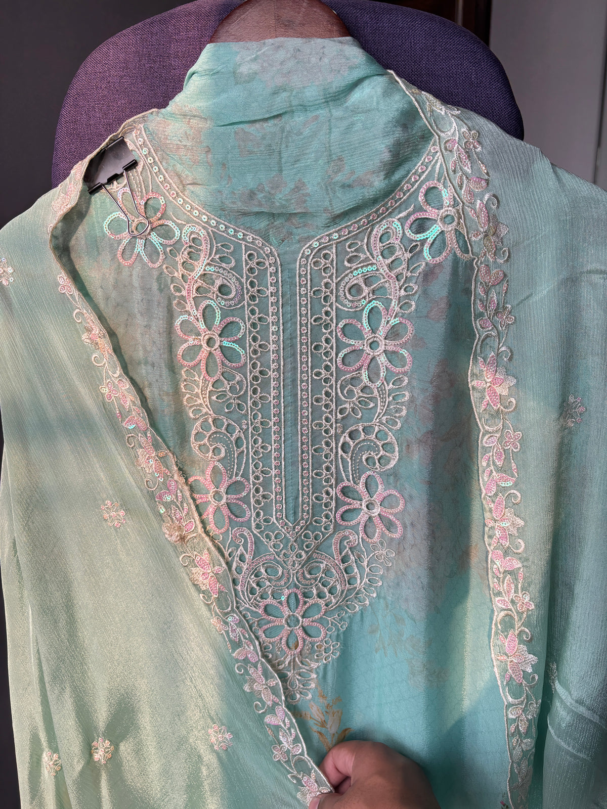 Women's Chinon Fabric Unstitched Suit | Botanical Floral Digital Print Front & Back With Sequin Floral Cutwork Neck, Ghera and Sleeves Paired With Matching Chinon Embroidered Dupatta