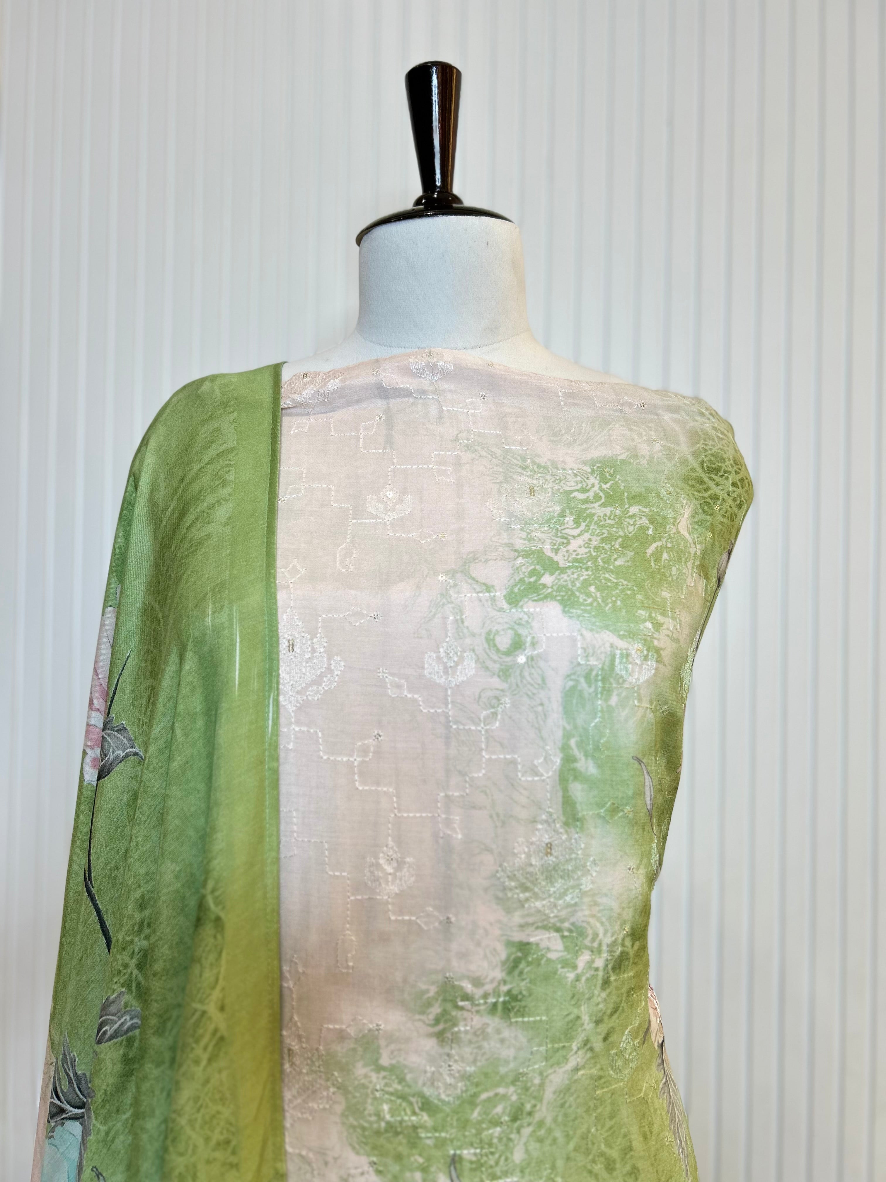 Muslin Cotton Digital Print Unstitched Suit Set with Embroidery Jaal And Floral Printed Dupatta | Premium Suit Material For Women