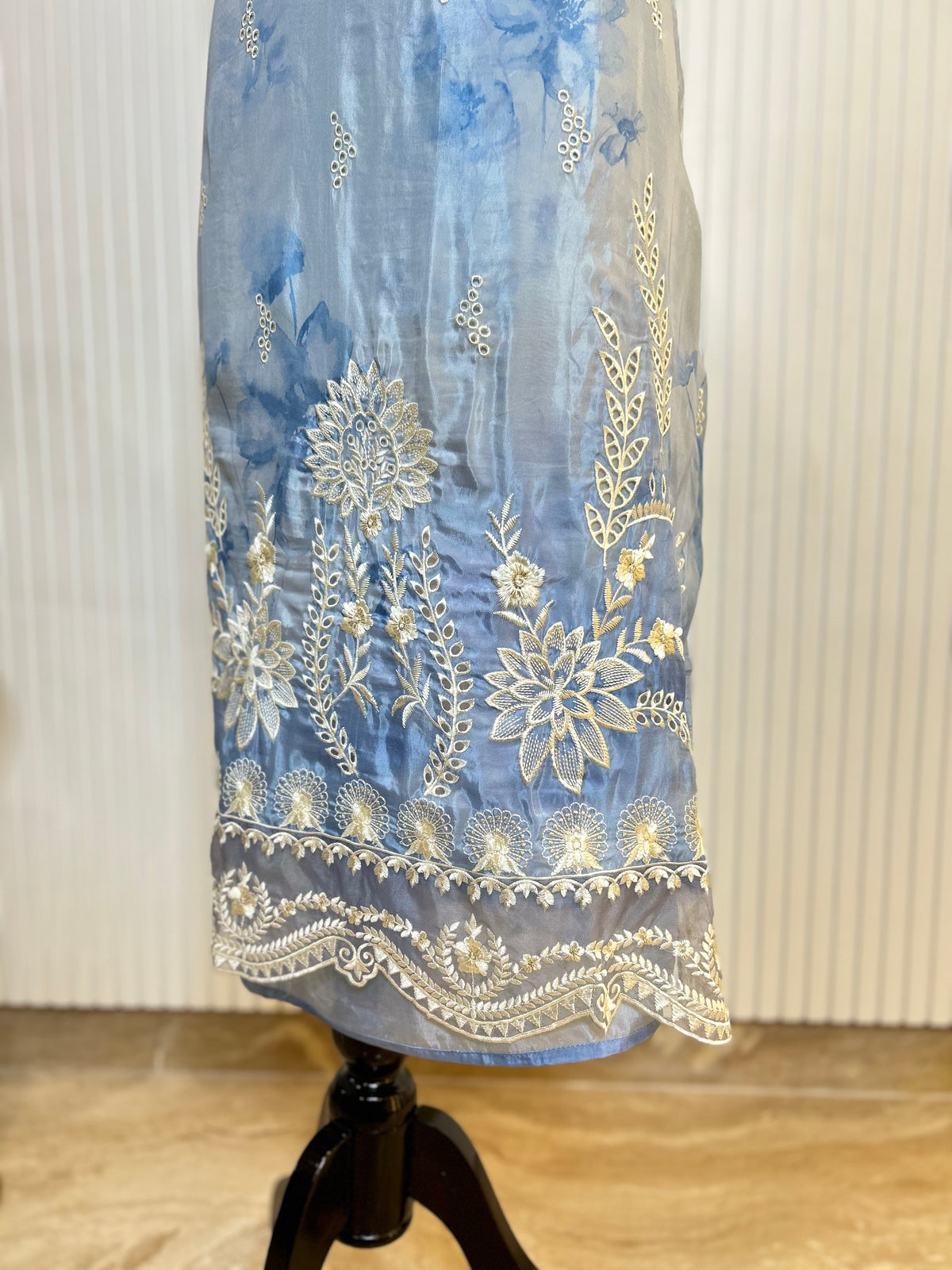 Glass Organza Embroidered Unstitched Suit With Chemical Print Front & Back Paired With Chinon Digital Print Dupatta