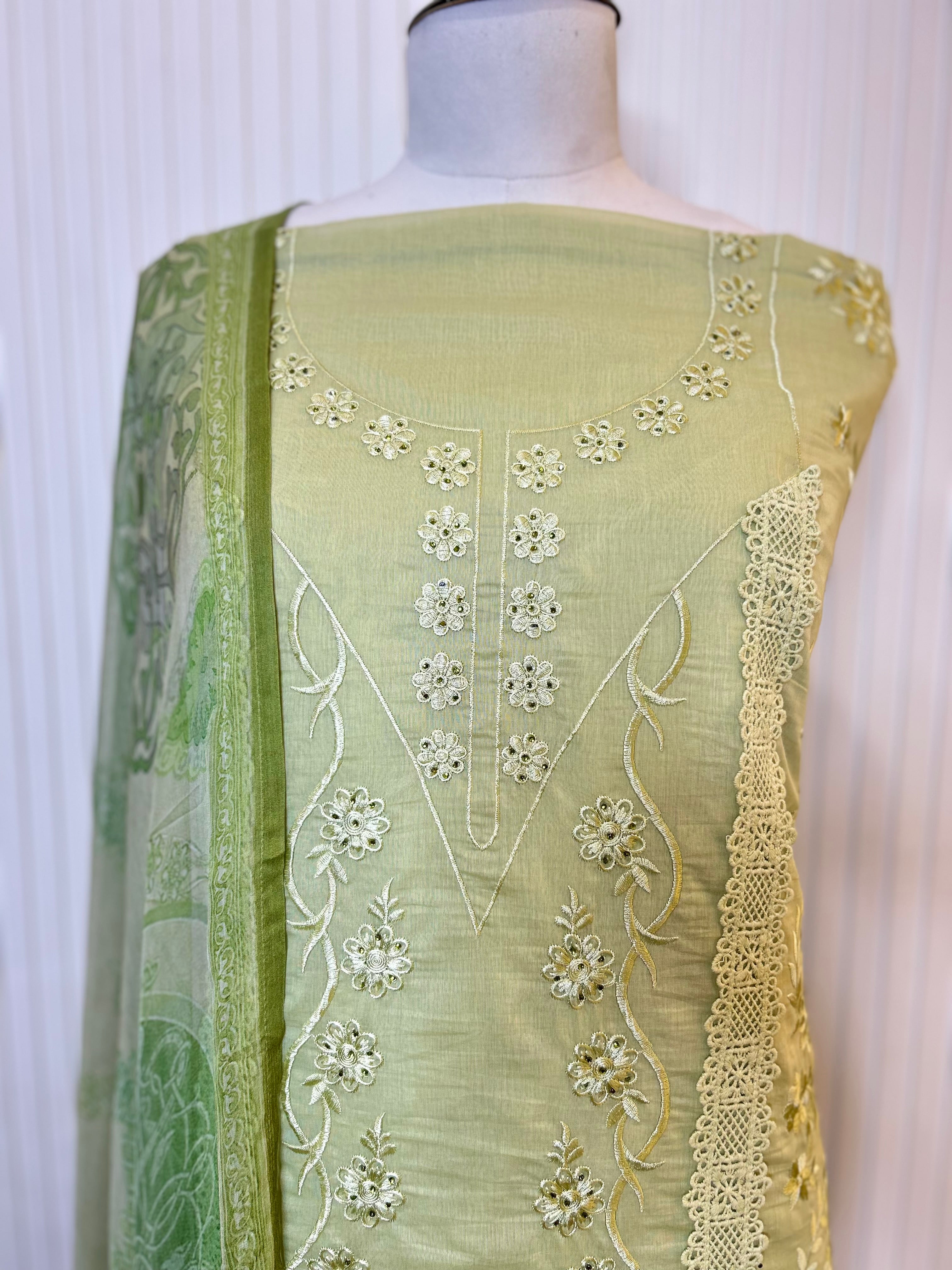 Muslin Cotton Unstitched Suit | All-Over Thread Floral Embroidery with Cutwork Scallop Ghera & Lace Panel Border | Pure Chiffon Digital Print Dupatta