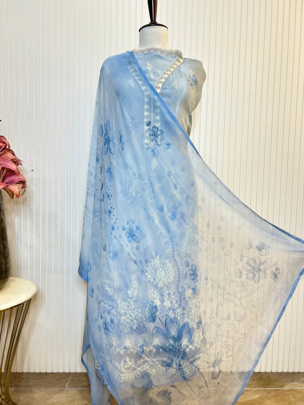 Glass Organza Embroidered Unstitched Suit With Chemical Print Front & Back Paired With Chinon Digital Print Dupatta