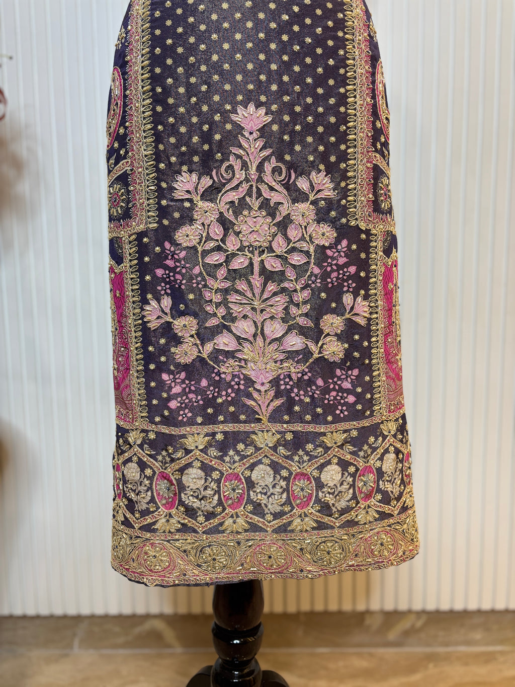 Shimmer Front & Back Printed Unstitched Suit with Dori Embroidery & Beads Work Paired with Digital Print Shimmer Dupatta