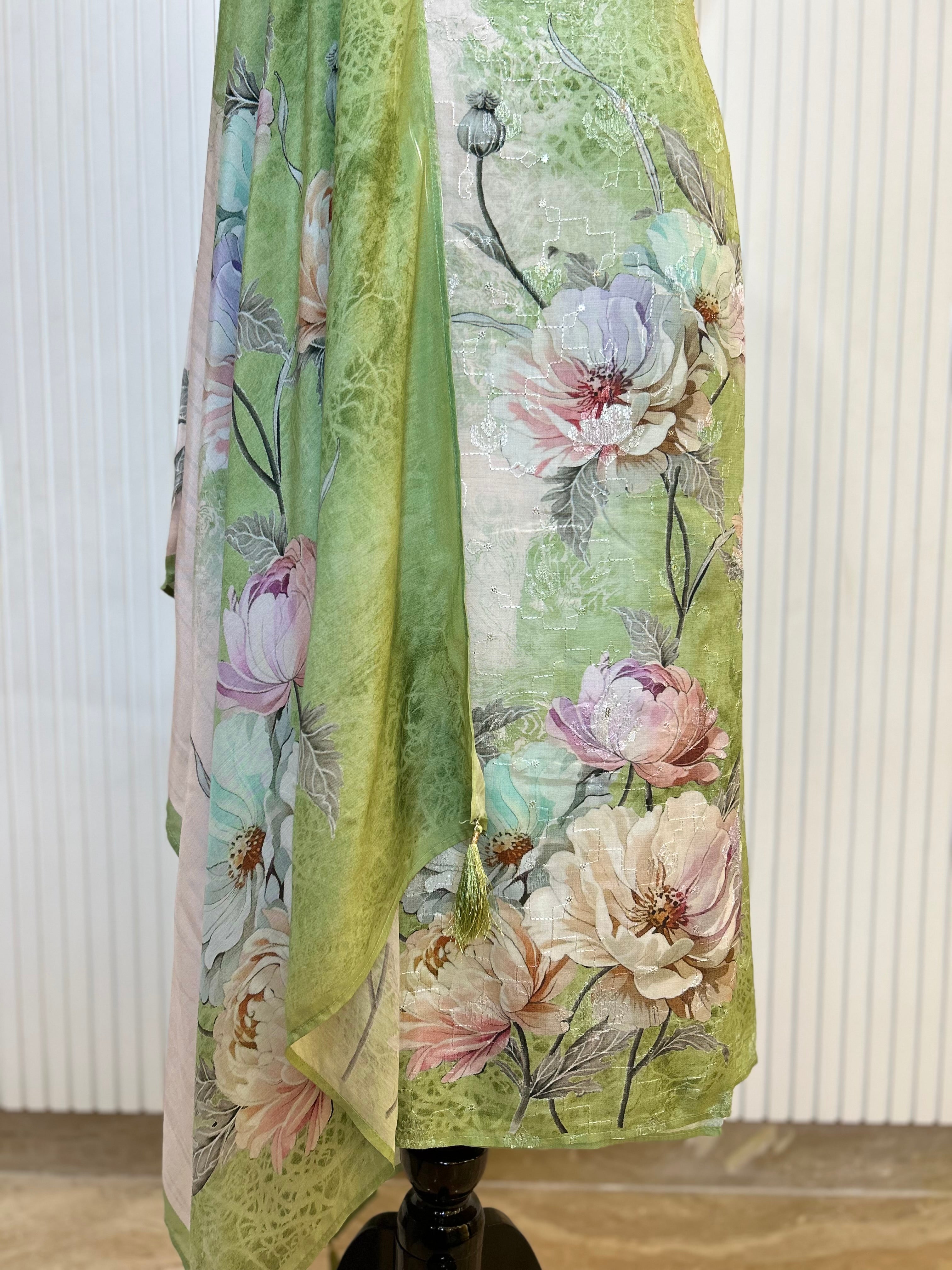 Muslin Cotton Digital Print Unstitched Suit Set with Embroidery Jaal And Floral Printed Dupatta | Premium Suit Material For Women