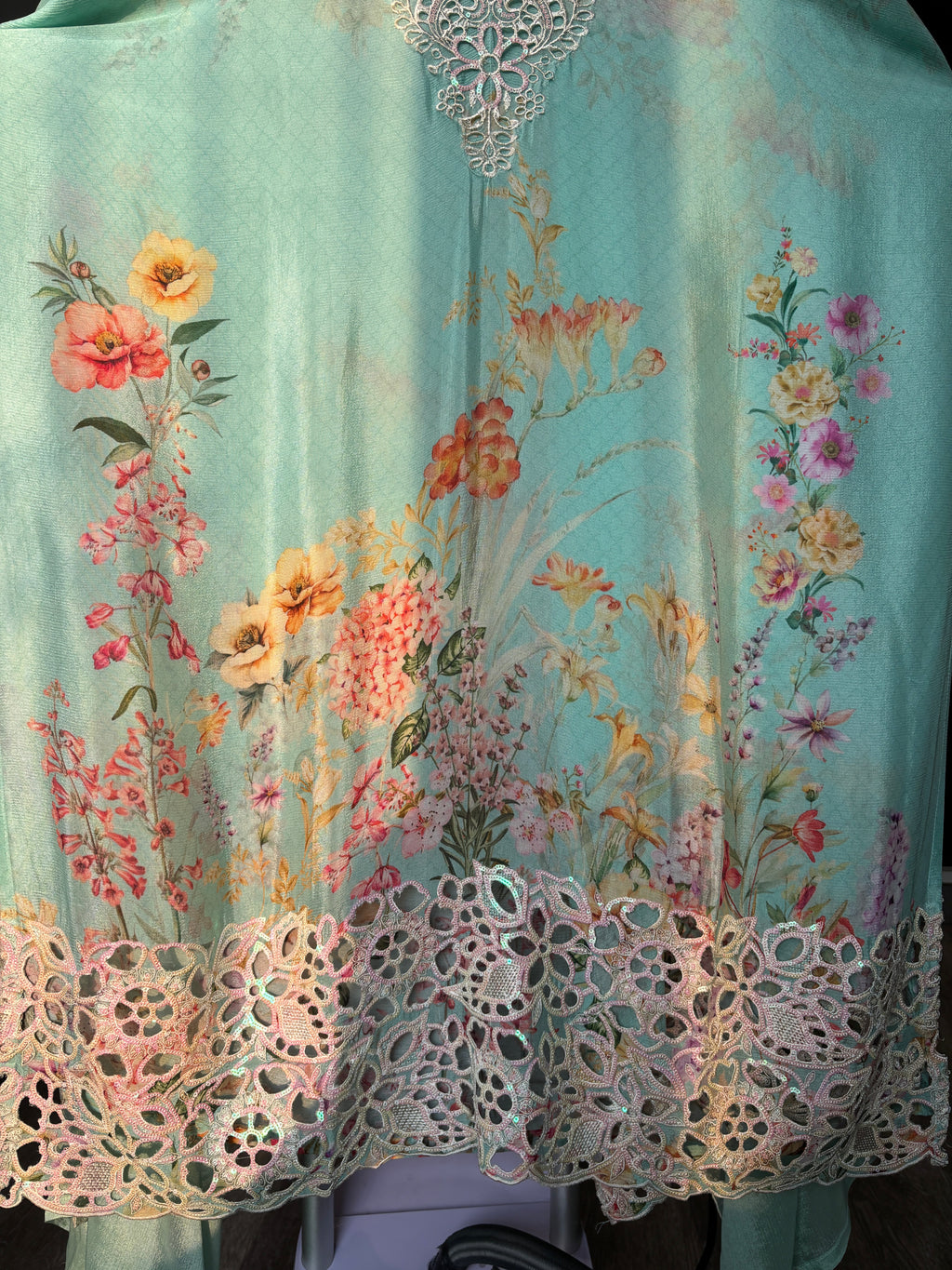 Women's Chinon Fabric Unstitched Suit | Botanical Floral Digital Print Front & Back With Sequin Floral Cutwork Neck, Ghera and Sleeves Paired With Matching Chinon Embroidered Dupatta