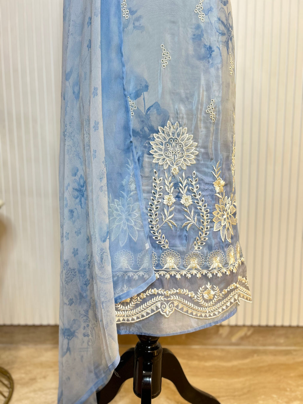 Glass Organza Embroidered Unstitched Suit With Chemical Print Front & Back Paired With Chinon Digital Print Dupatta