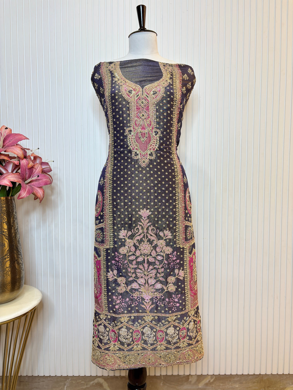 Shimmer Front & Back Printed Unstitched Suit with Dori Embroidery & Beads Work Paired with Digital Print Shimmer Dupatta