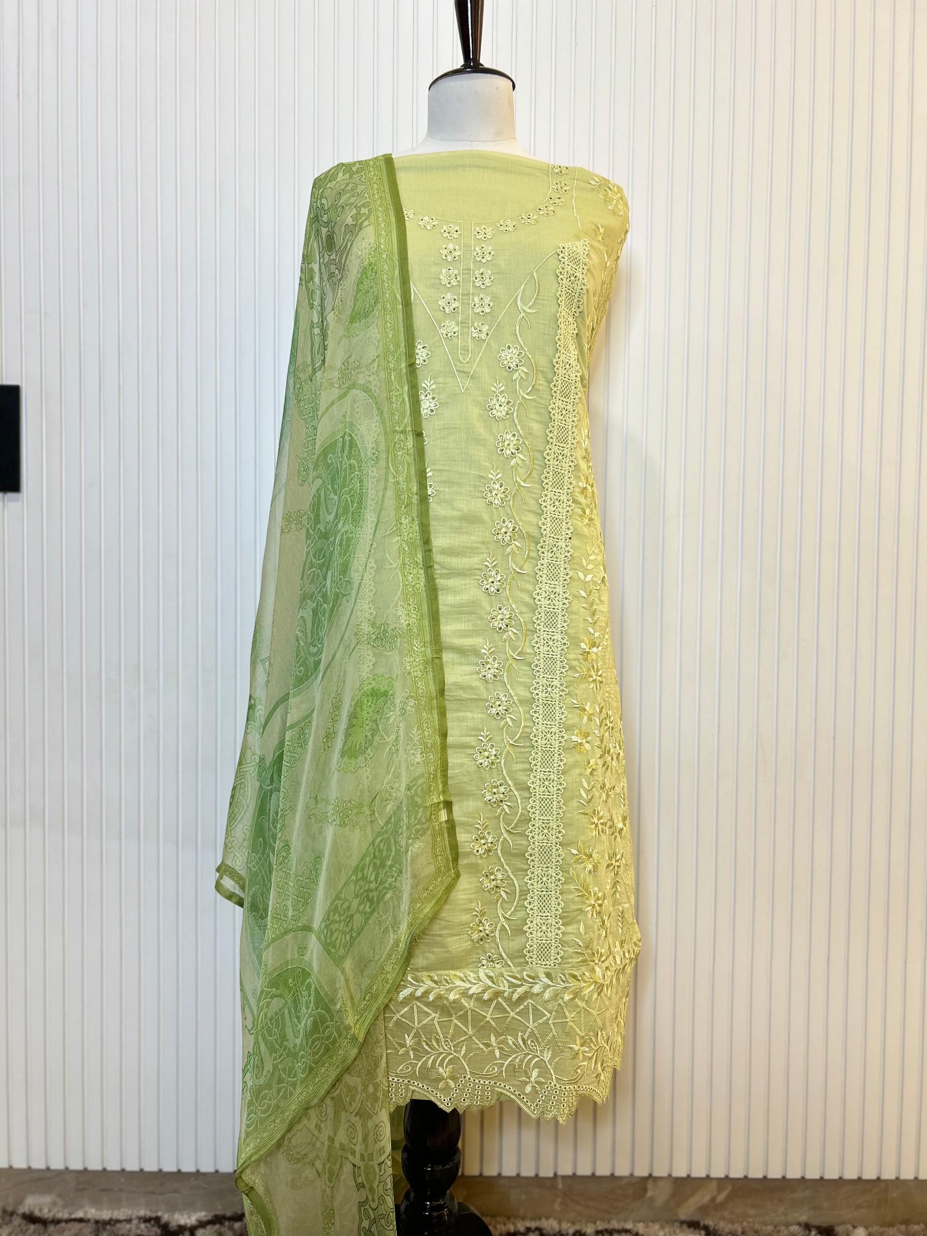 Muslin Cotton Unstitched Suit | All-Over Thread Floral Embroidery with Cutwork Scallop Ghera & Lace Panel Border | Pure Chiffon Digital Print Dupatta