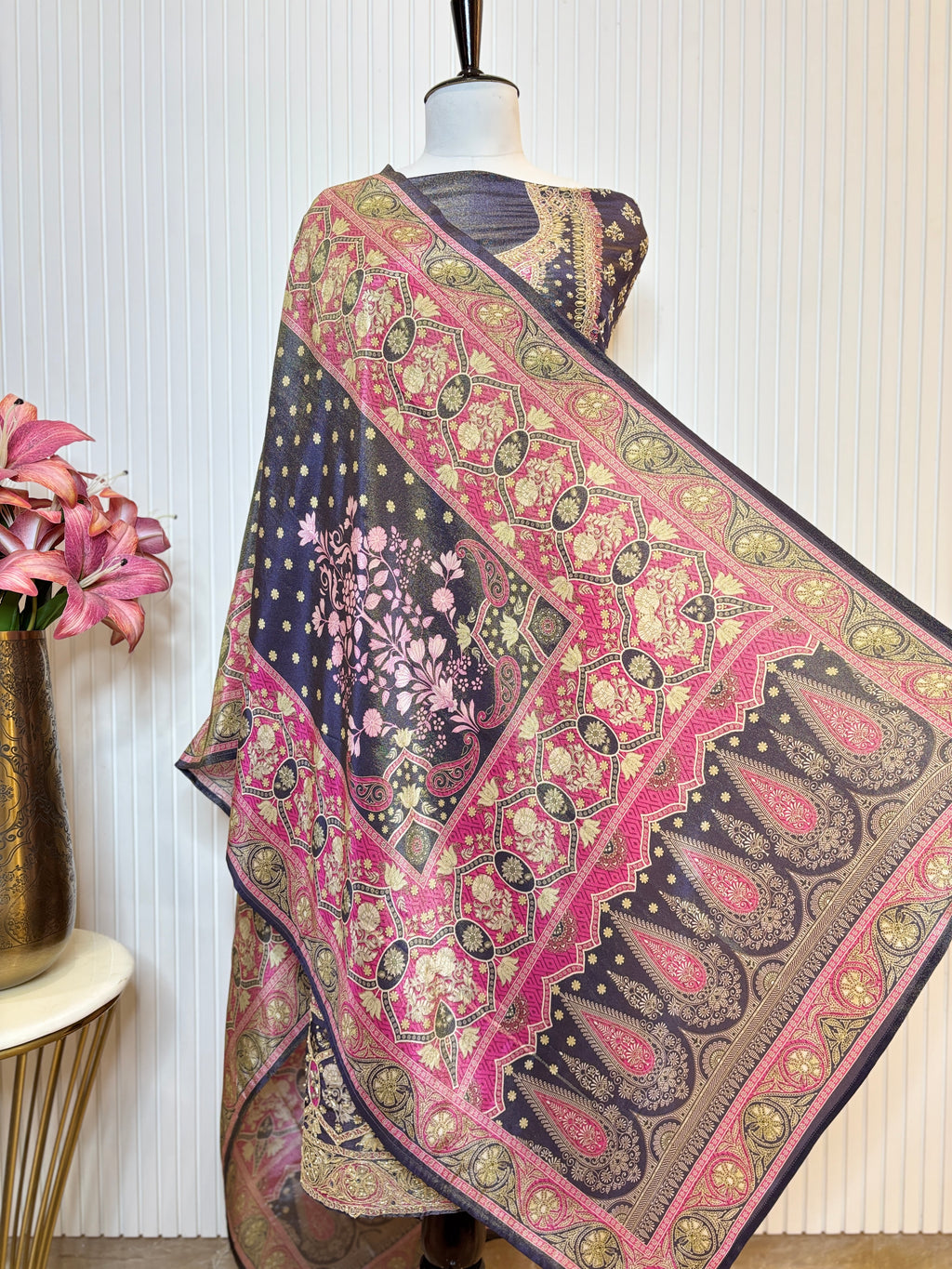 Shimmer Front & Back Printed Unstitched Suit with Dori Embroidery & Beads Work Paired with Digital Print Shimmer Dupatta