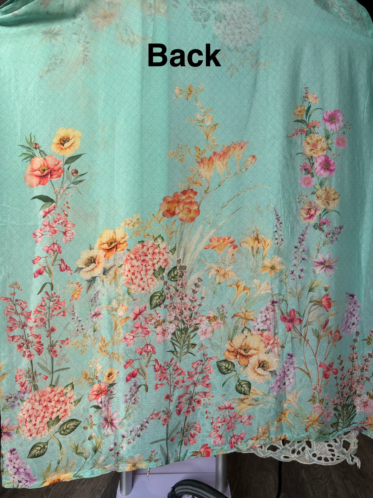 Women's Chinon Fabric Unstitched Suit | Botanical Floral Digital Print Front & Back With Sequin Floral Cutwork Neck, Ghera and Sleeves Paired With Matching Chinon Embroidered Dupatta