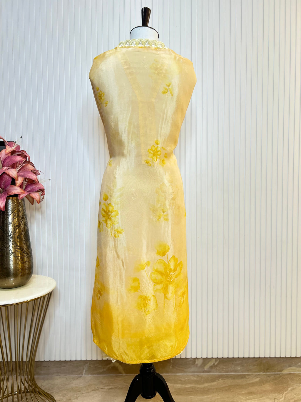 Glass Organza Embroidered Unstitched Suit With Chemical Print Front & Back Paired With Chinon Digital Print Dupatta
