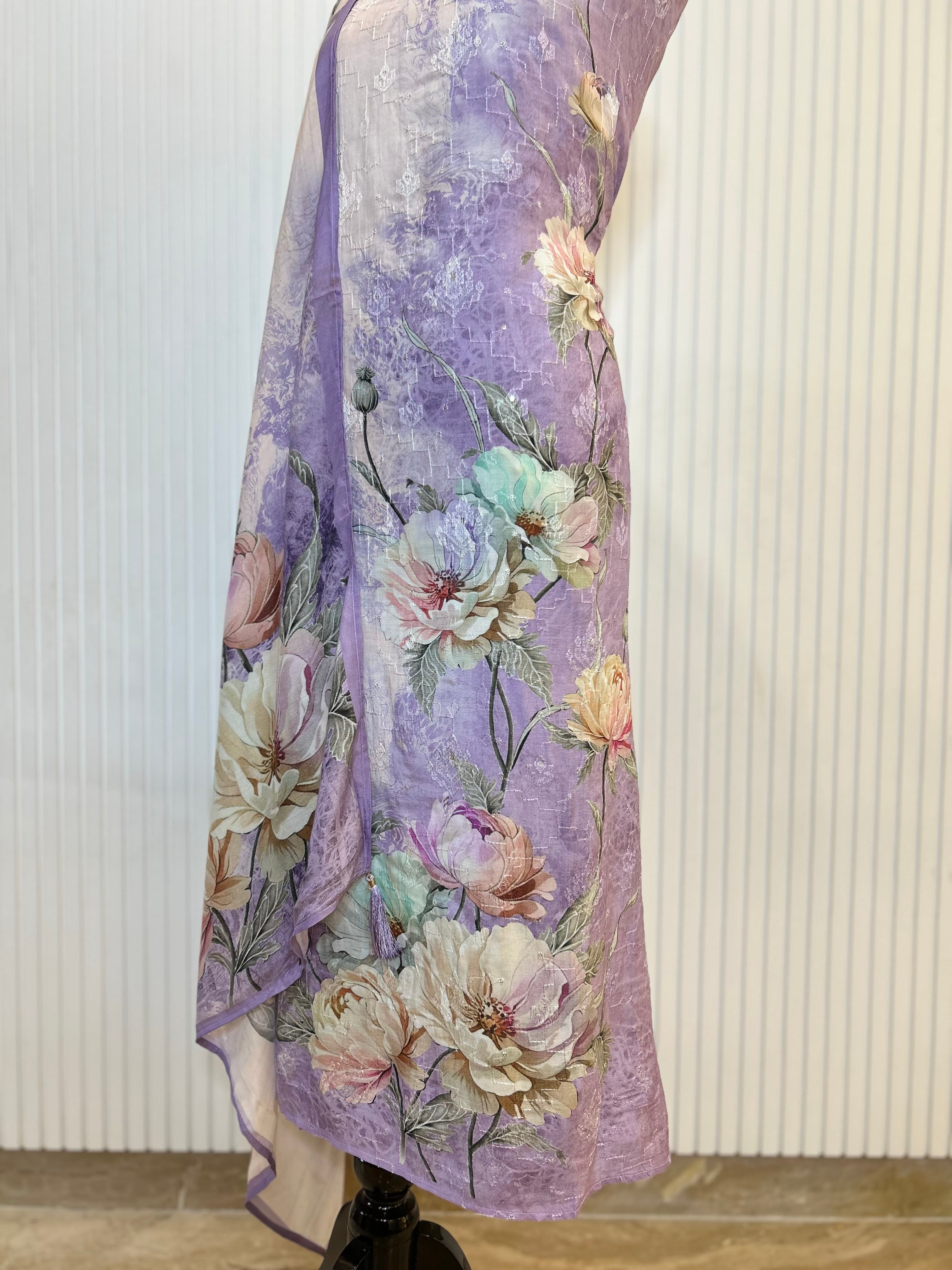 Muslin Cotton Digital Print Unstitched Suit Set with Embroidery Jaal And Floral Printed Dupatta | Premium Suit Material For Women