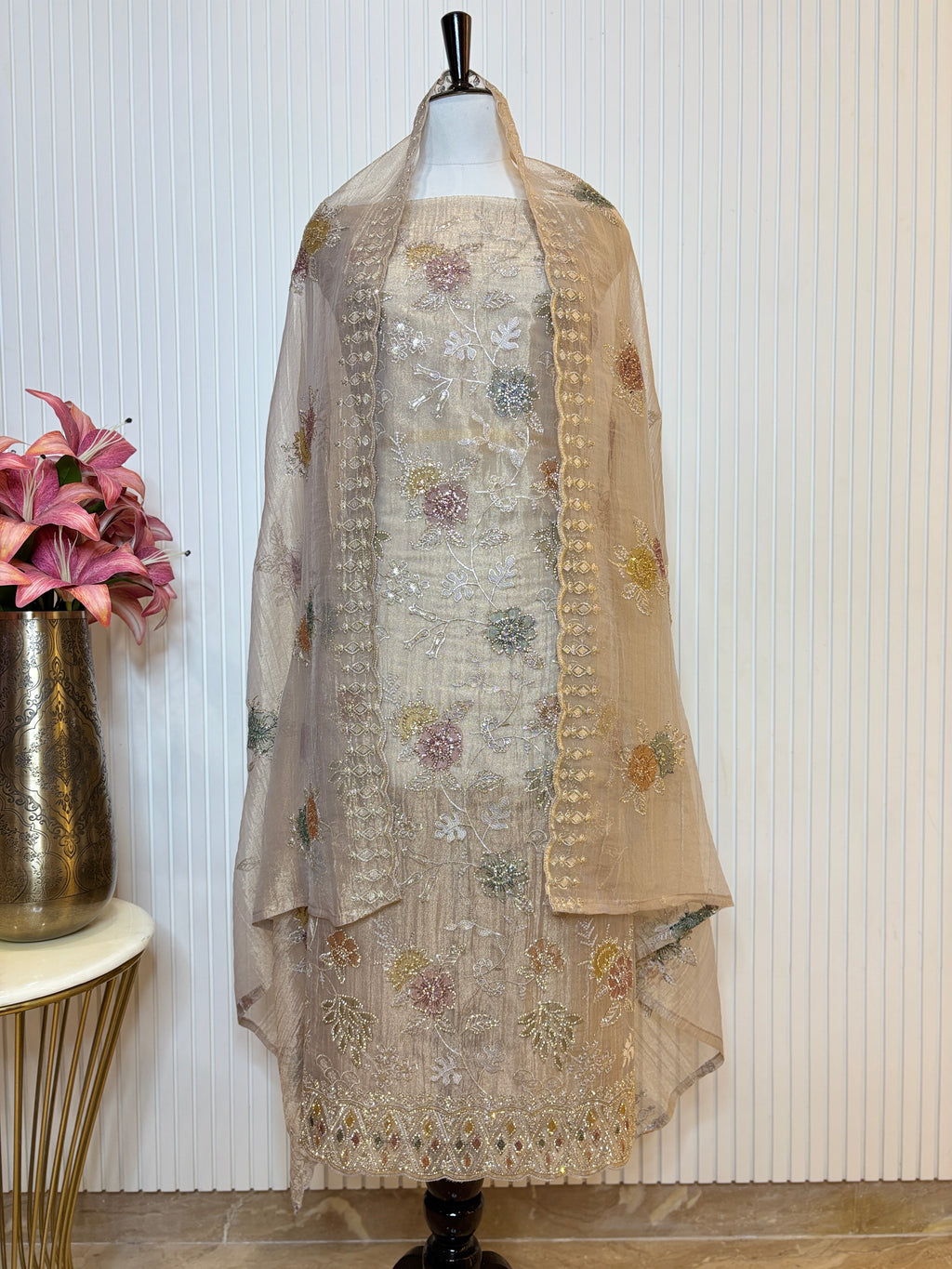 Designer Tissue Crush Embroidered Unstitched Suit, Dupatta with Floral Brush Print and Jarkan Handwork Detailing