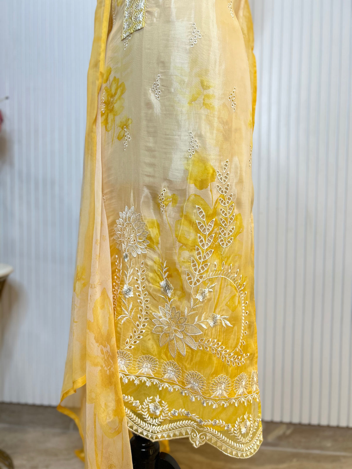 Glass Organza Embroidered Unstitched Suit With Chemical Print Front & Back Paired With Chinon Digital Print Dupatta