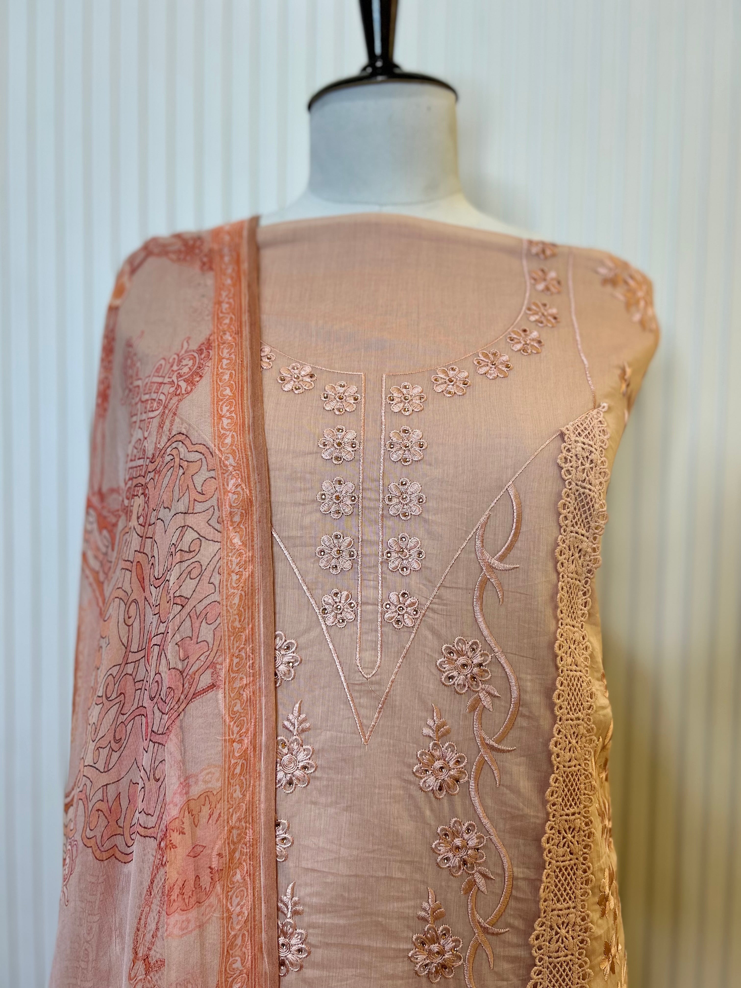Muslin Cotton Unstitched Suit | All-Over Thread Floral Embroidery with Cutwork Scallop Ghera & Lace Panel Border | Pure Chiffon Digital Print Dupatta