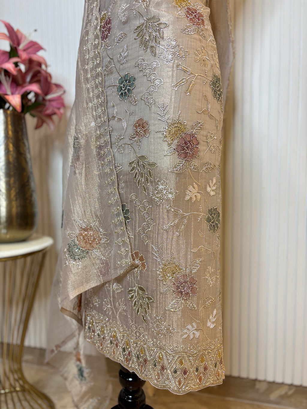 Designer Tissue Crush Embroidered Unstitched Suit, Dupatta with Floral Brush Print and Jarkan Handwork Detailing