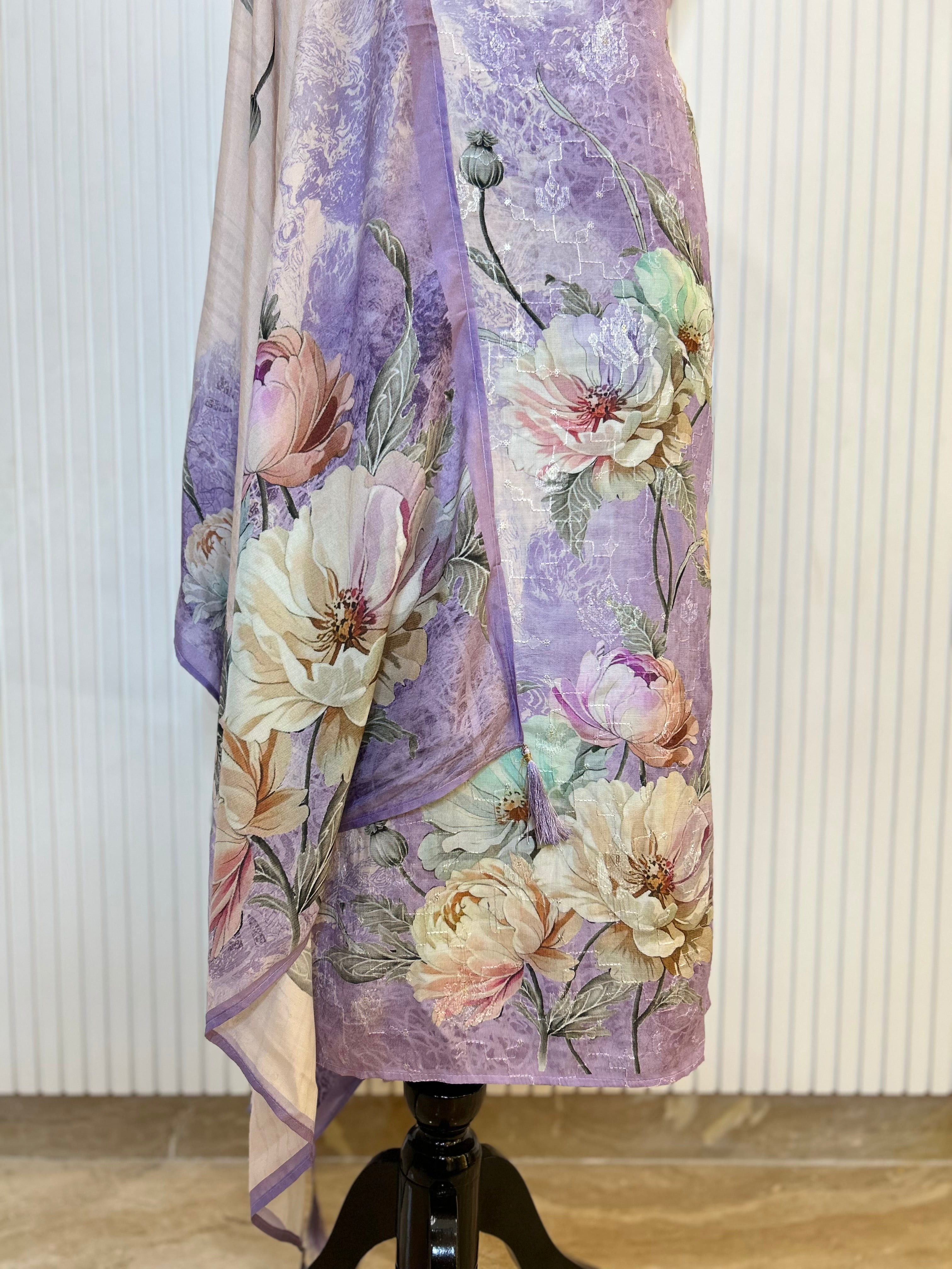 Muslin Cotton Digital Print Unstitched Suit Set with Embroidery Jaal And Floral Printed Dupatta | Premium Suit Material For Women
