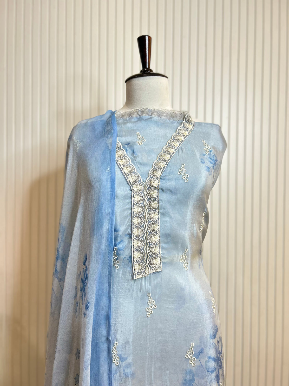 Glass Organza Embroidered Unstitched Suit With Chemical Print Front & Back Paired With Chinon Digital Print Dupatta