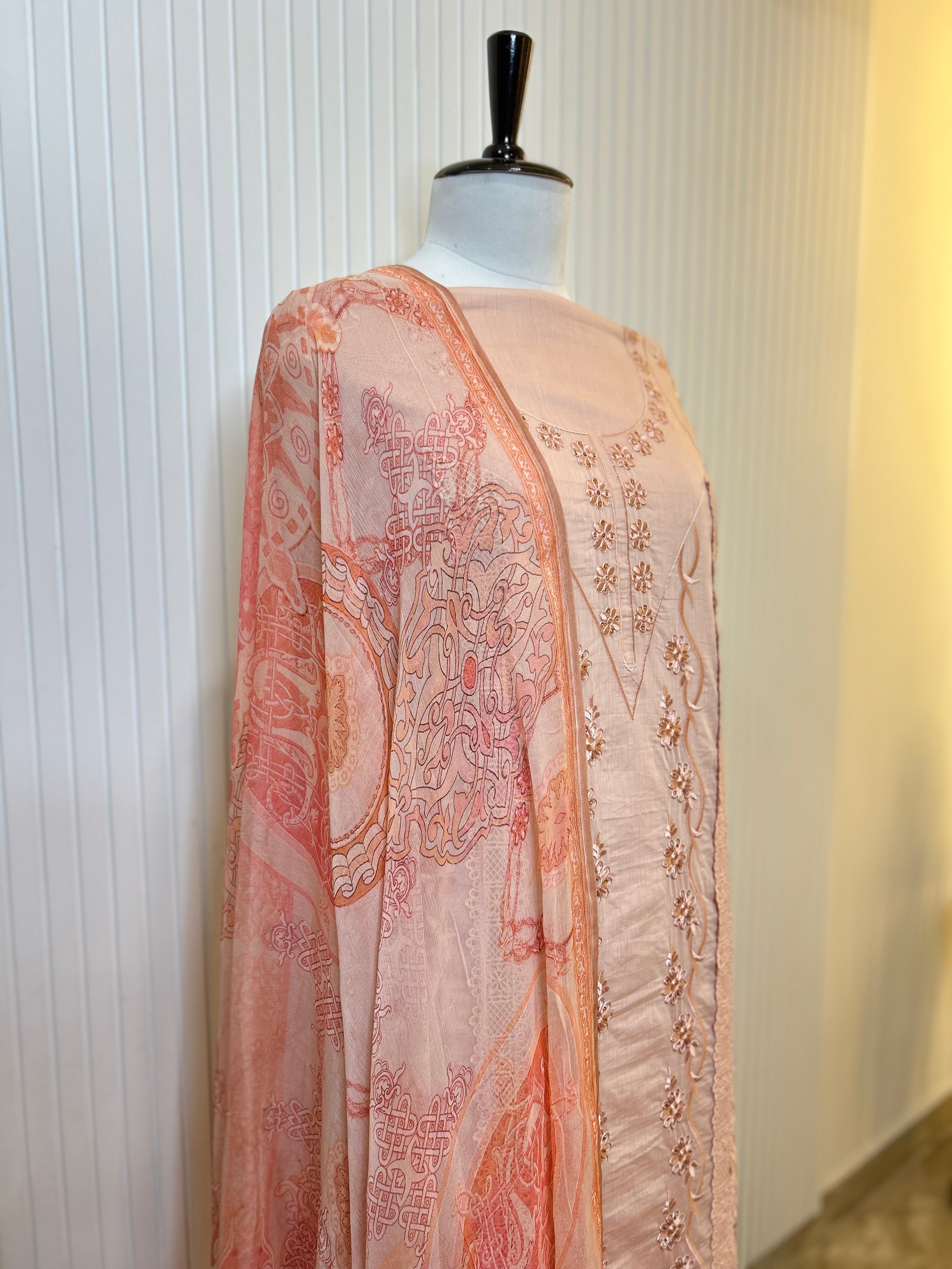 Muslin Cotton Unstitched Suit | All-Over Thread Floral Embroidery with Cutwork Scallop Ghera & Lace Panel Border | Pure Chiffon Digital Print Dupatta