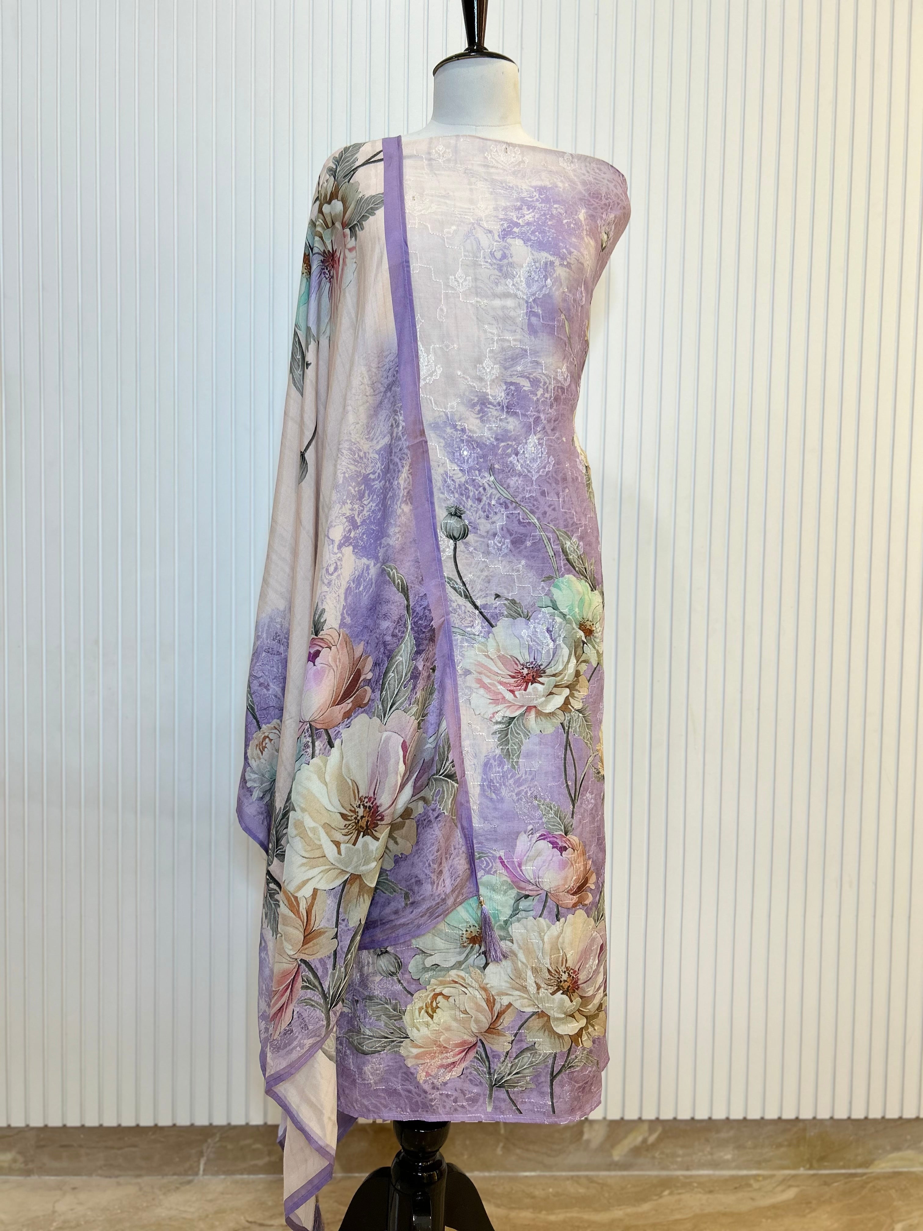 Muslin Cotton Digital Print Unstitched Suit Set with Embroidery Jaal And Floral Printed Dupatta | Premium Suit Material For Women