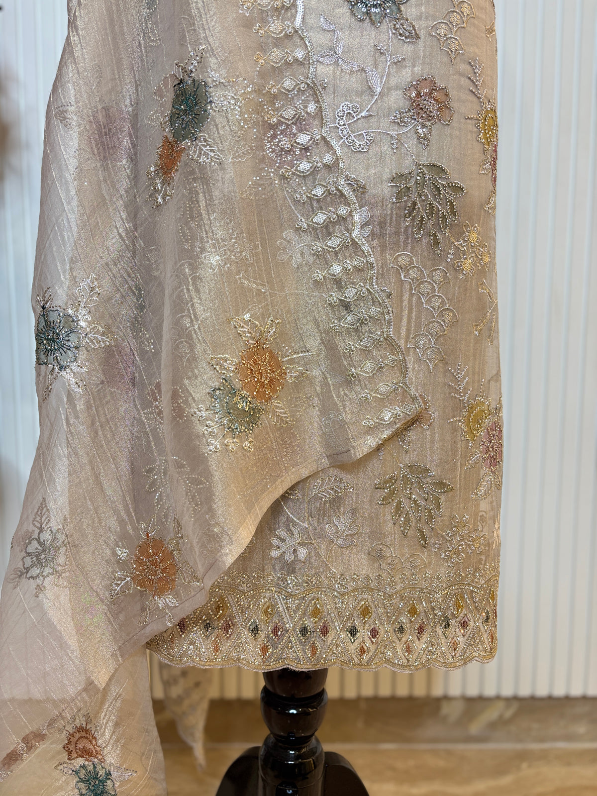 Designer Tissue Crush Embroidered Unstitched Suit, Dupatta with Floral Brush Print and Jarkan Handwork Detailing