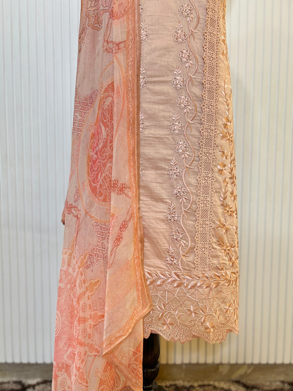 Muslin Cotton Unstitched Suit | All-Over Thread Floral Embroidery with Cutwork Scallop Ghera & Lace Panel Border | Pure Chiffon Digital Print Dupatta