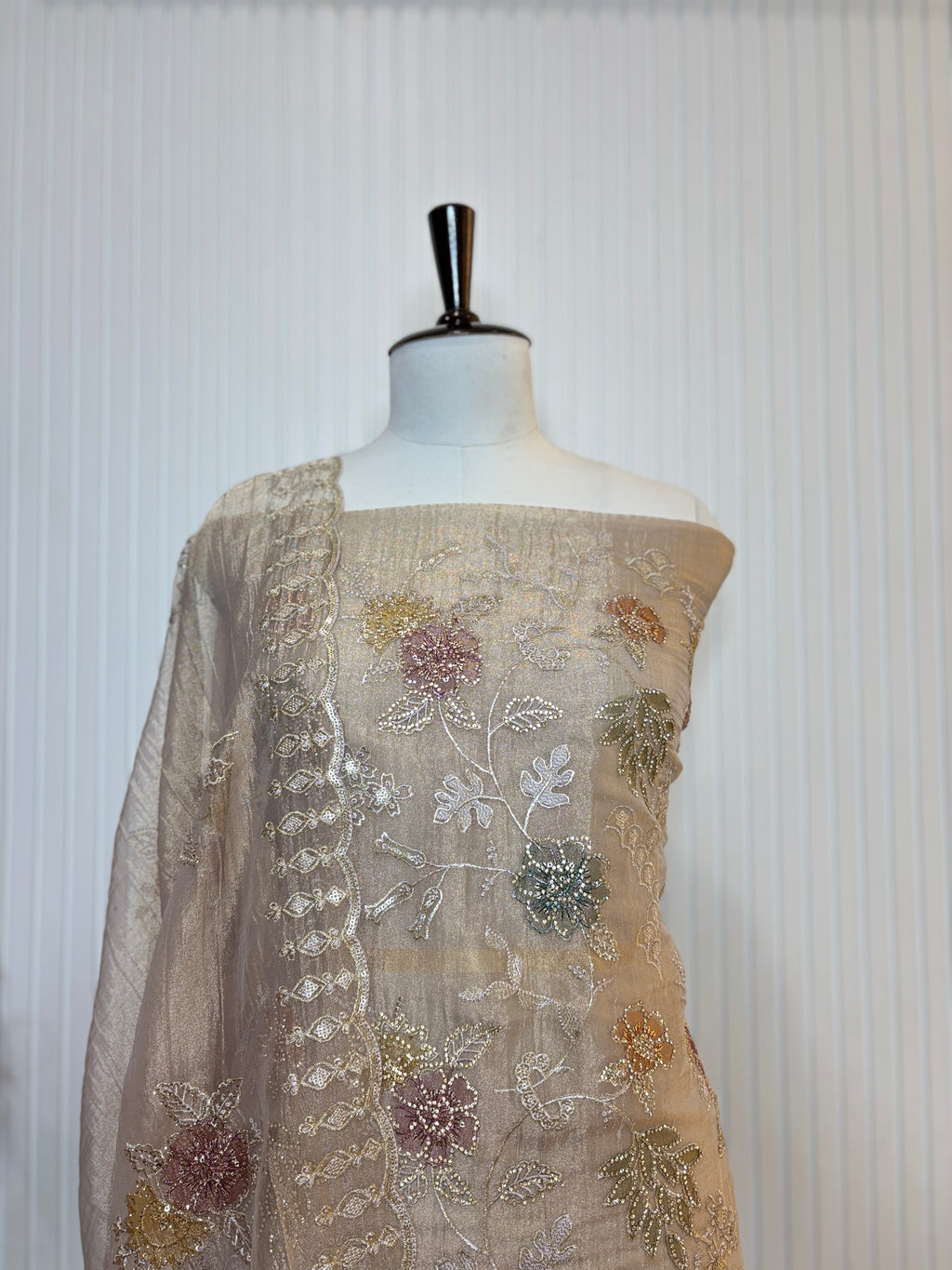 Designer Tissue Crush Embroidered Unstitched Suit, Dupatta with Floral Brush Print and Jarkan Handwork Detailing
