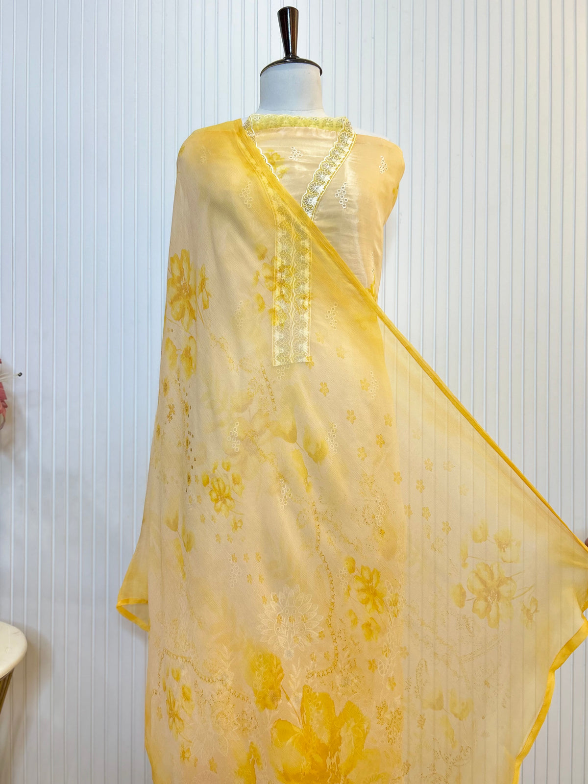 Glass Organza Embroidered Unstitched Suit With Chemical Print Front & Back Paired With Chinon Digital Print Dupatta