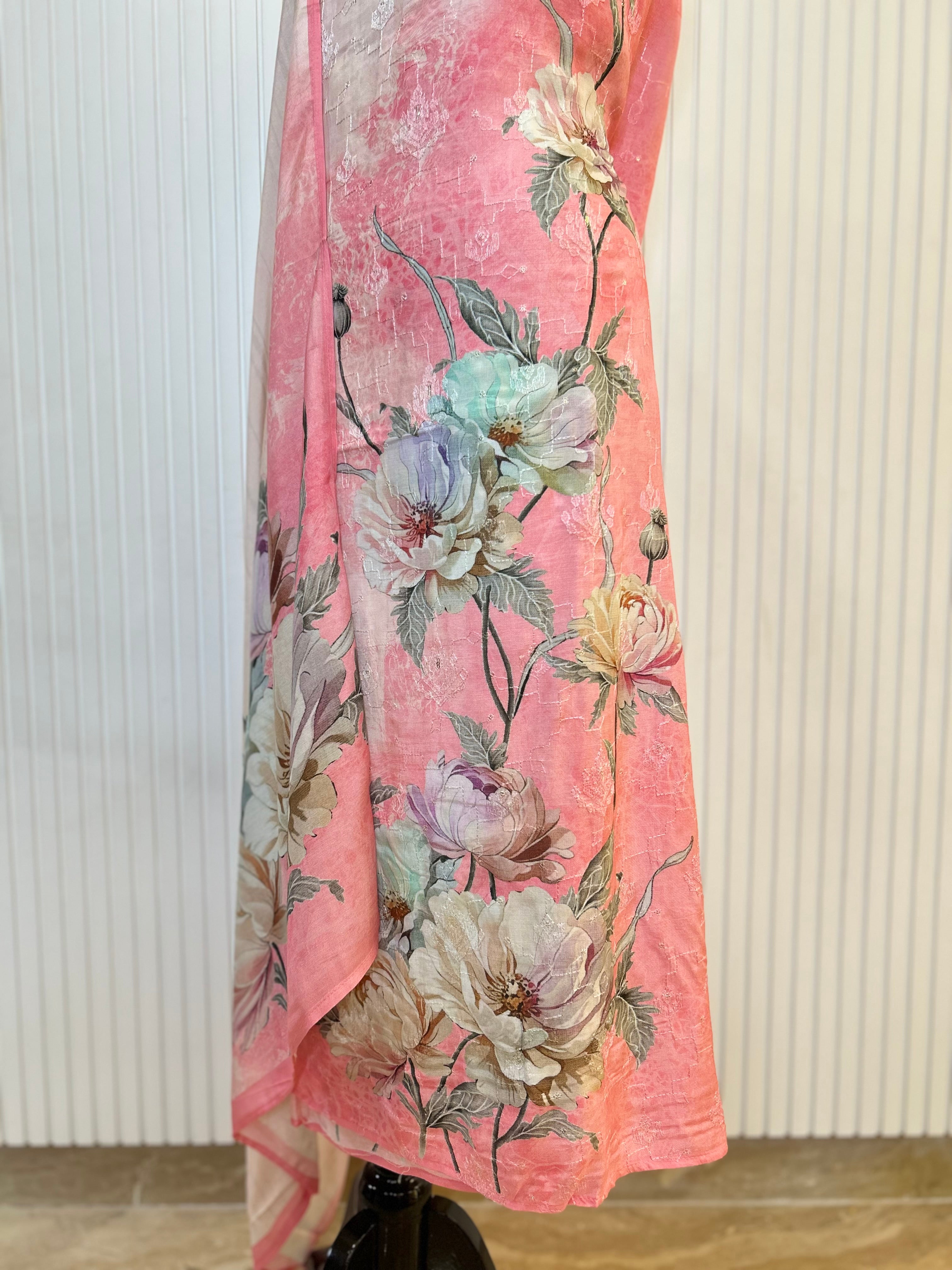 Muslin Cotton Digital Print Unstitched Suit Set with Embroidery Jaal And Floral Printed Dupatta | Premium Suit Material For Women
