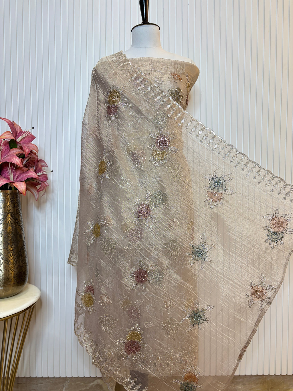 Designer Tissue Crush Embroidered Unstitched Suit, Dupatta with Floral Brush Print and Jarkan Handwork Detailing