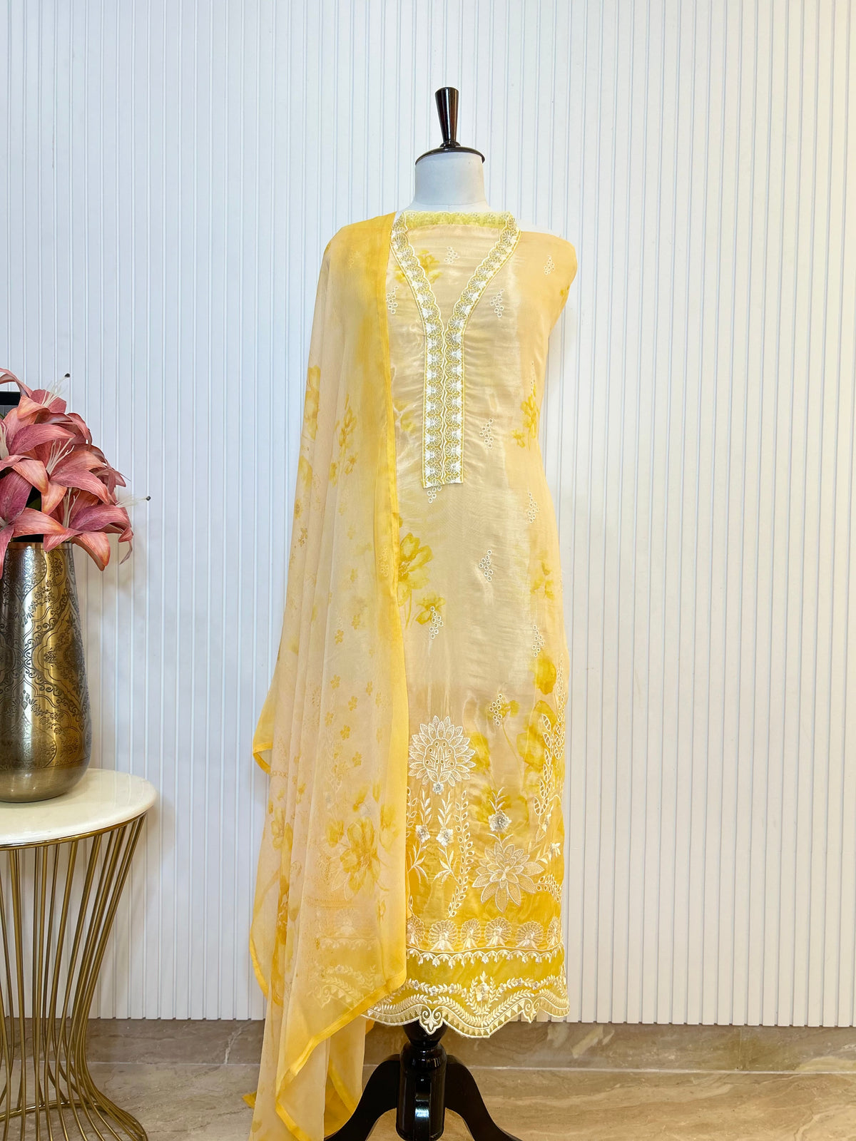 Glass Organza Embroidered Unstitched Suit With Chemical Print Front & Back Paired With Chinon Digital Print Dupatta