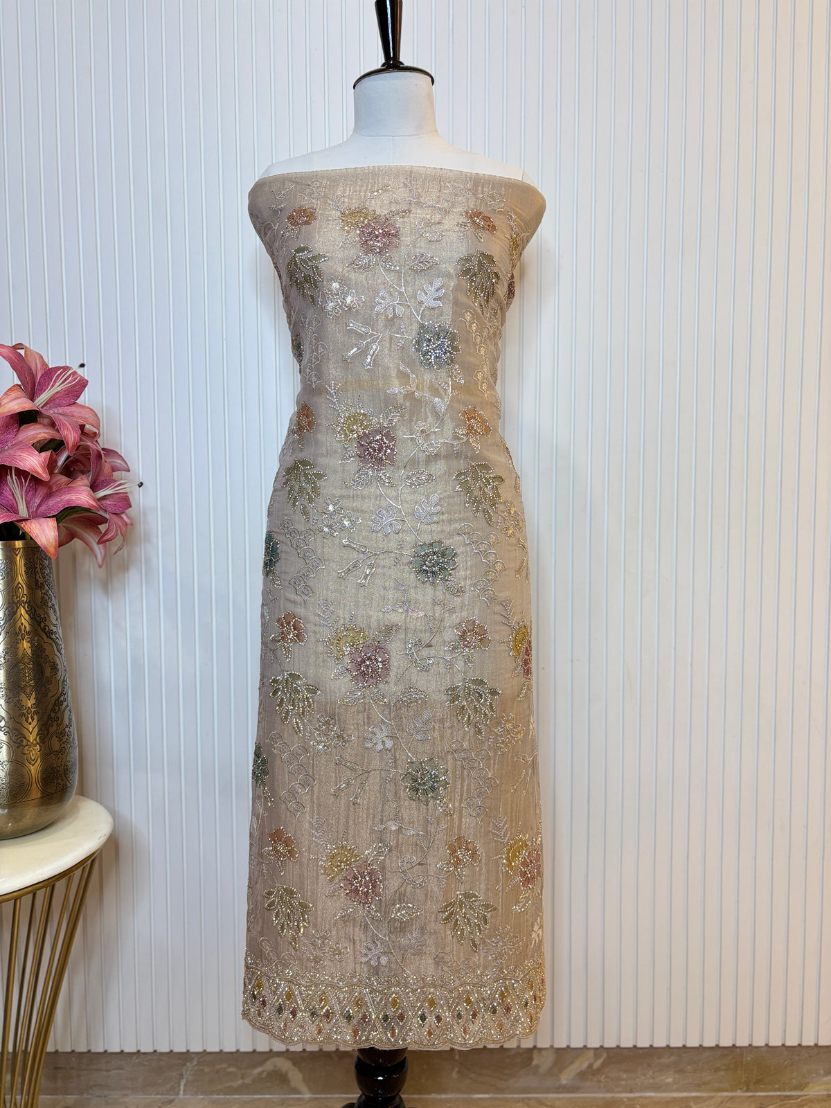 Designer Tissue Crush Embroidered Unstitched Suit, Dupatta with Floral Brush Print and Jarkan Handwork Detailing